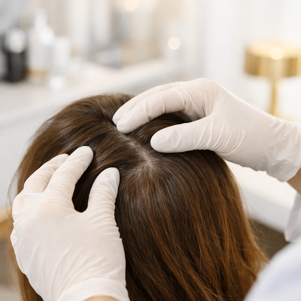Medical provider examining a patient's scalp during a hair restoration consultation