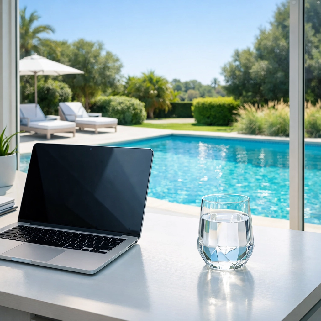 Modern office desk with a view of a pool, representing a high pool route valuation and protected profits.