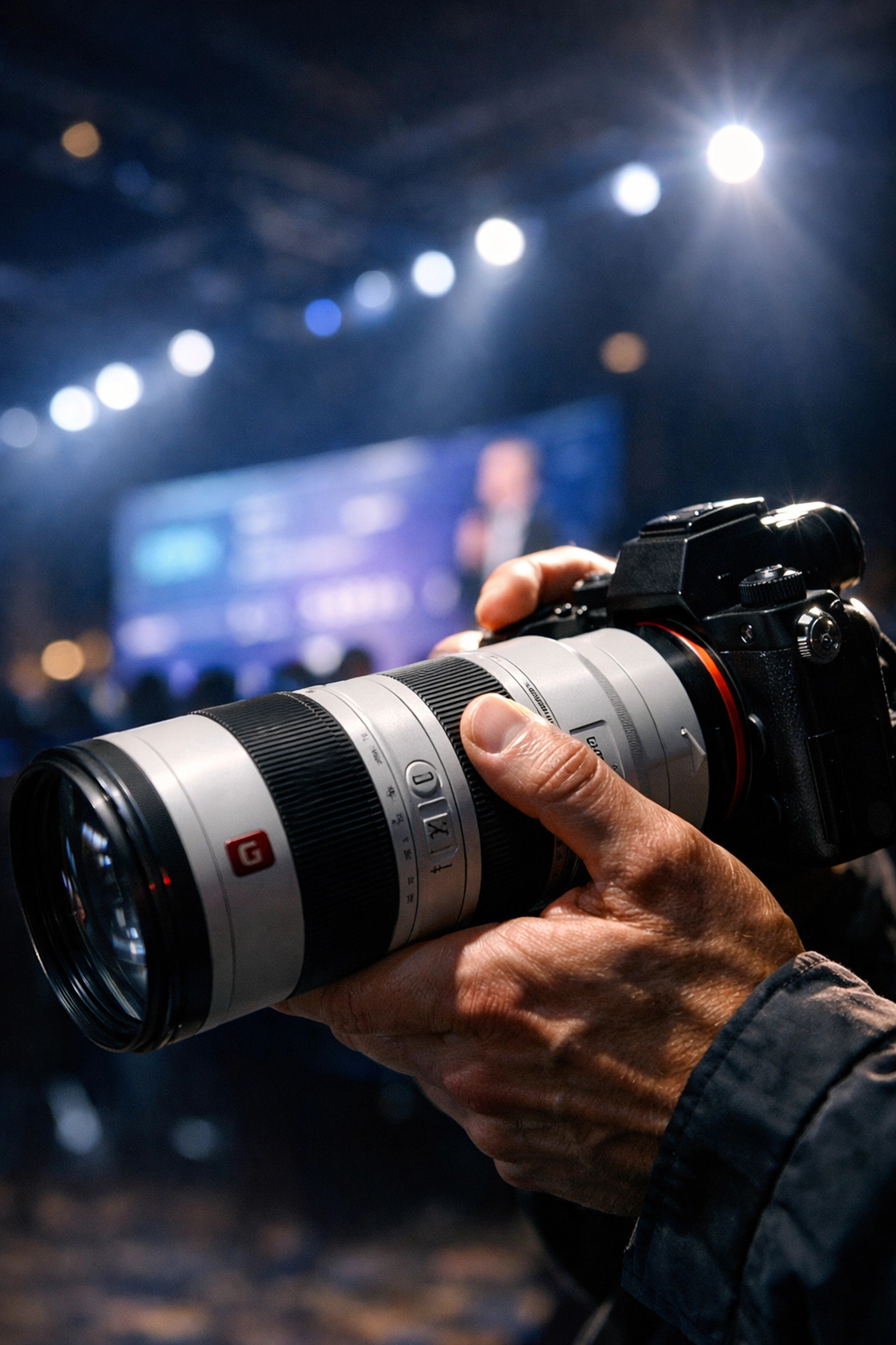 Miami corporate event photographer using high-end camera gear to capture a conference presentation in a ballroom.