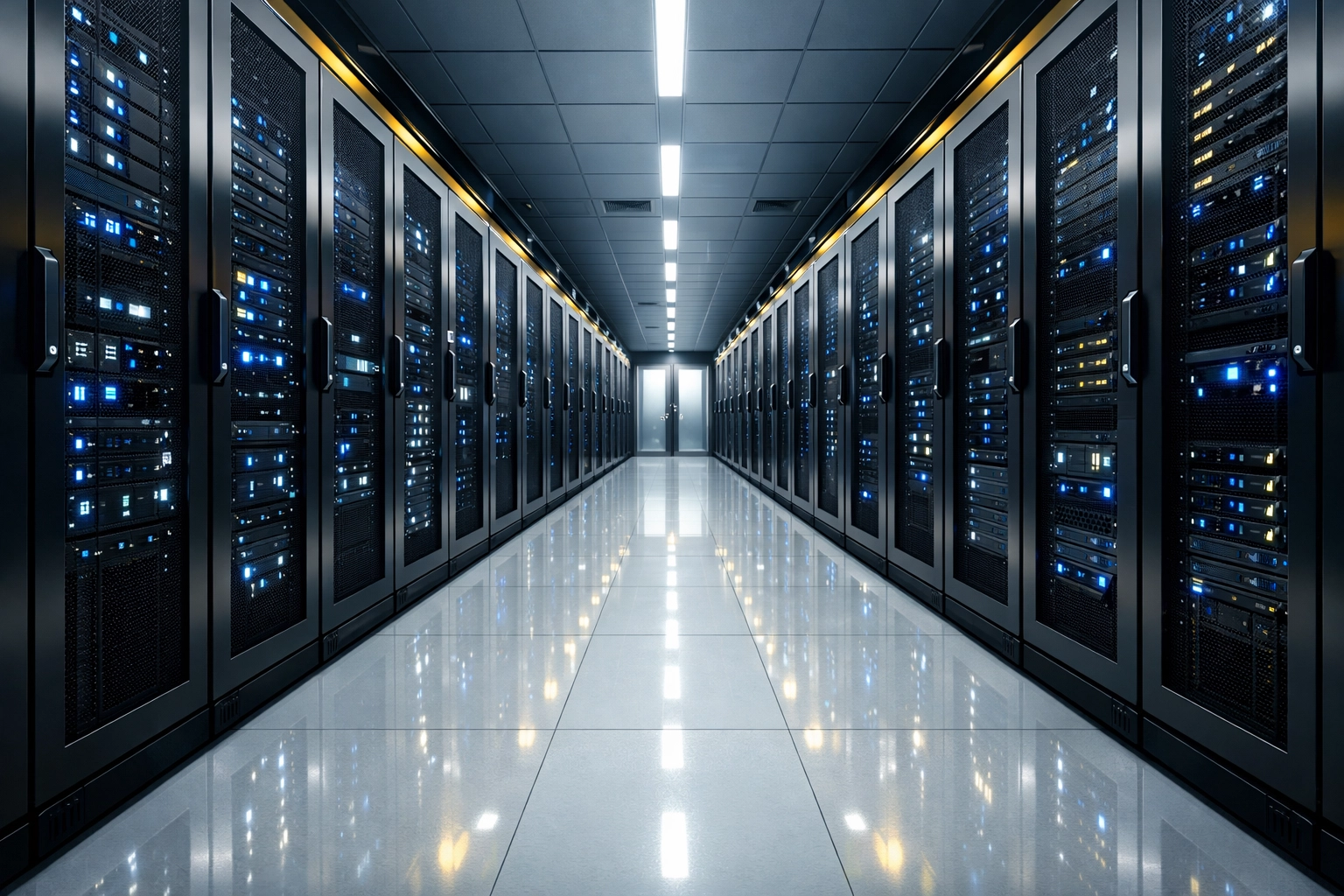 Clean and sterile data center cold aisle in Marlborough with reflective white flooring and server racks.