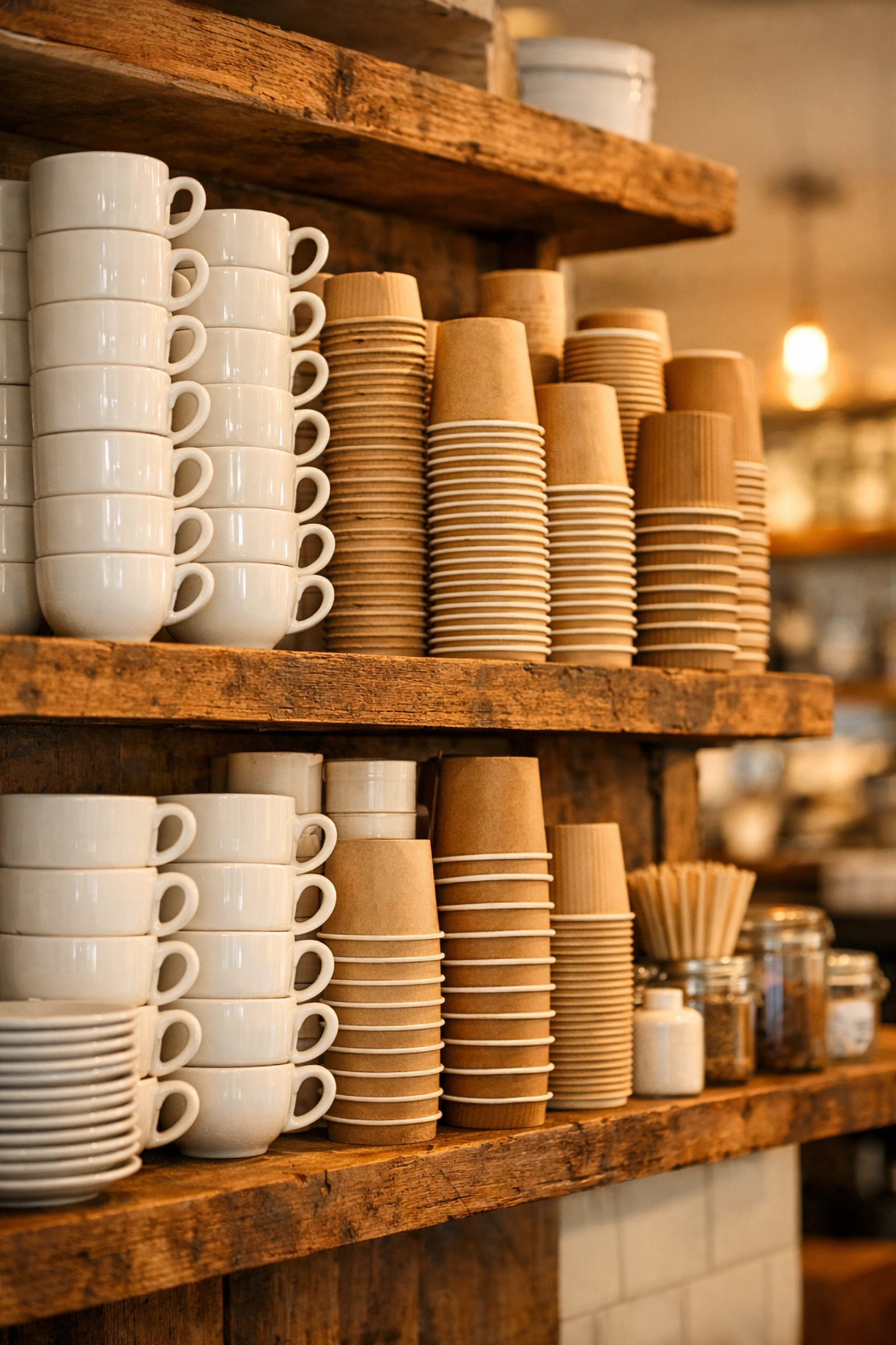 Neatly stacked coffee cups and takeaway supplies on rustic cafe shelves for efficient workflow.