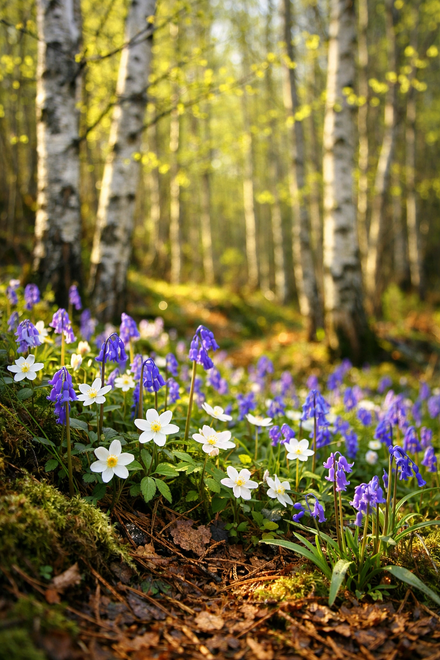 Spring bluebells and white wood anemones blooming in a Scottish Highland forest among silver birch trees.
