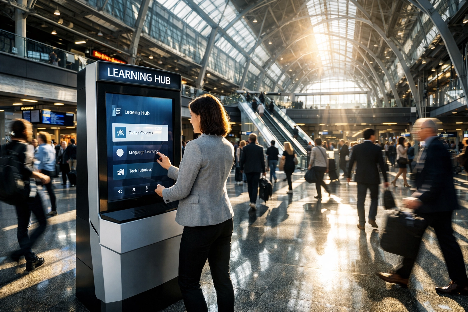 A digital career development kiosk located in a modern transportation hub for workforce scaling.