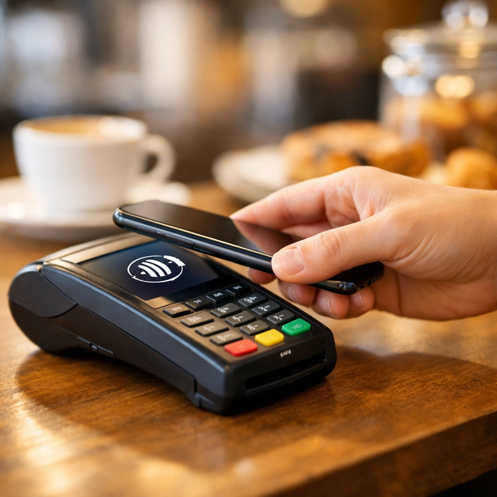 Contactless payment being processed on restaurant POS terminal with customer's card