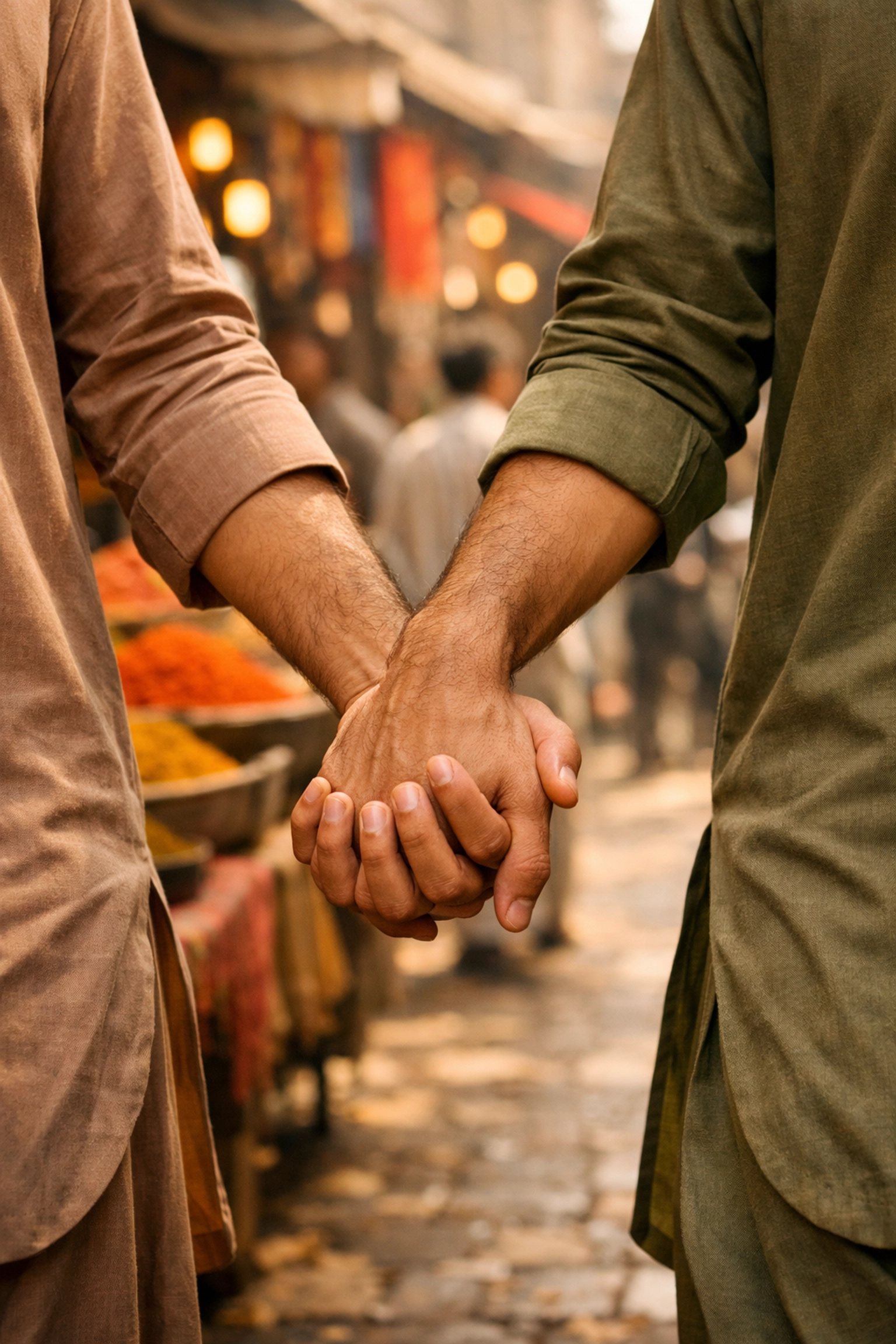 Close-up of South Asian men holding hands in a bazaar, showing cultural nuances of male friendship in Pakistan.