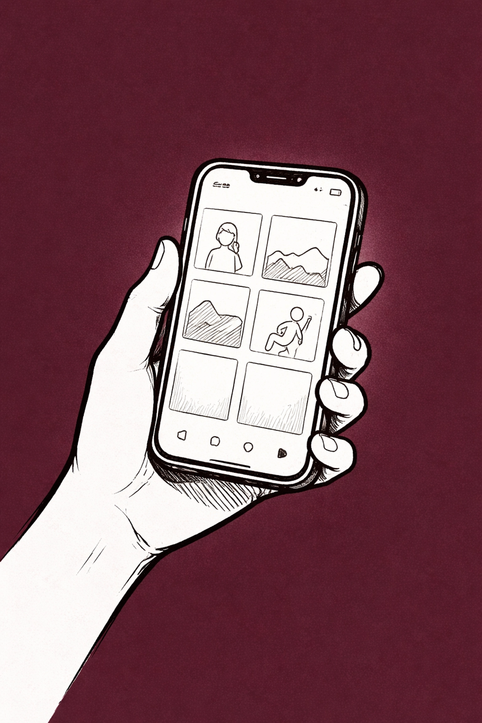 Minimalist drawing of a hand holding a phone showing an Instagram grid, representing social media as a modern portfolio