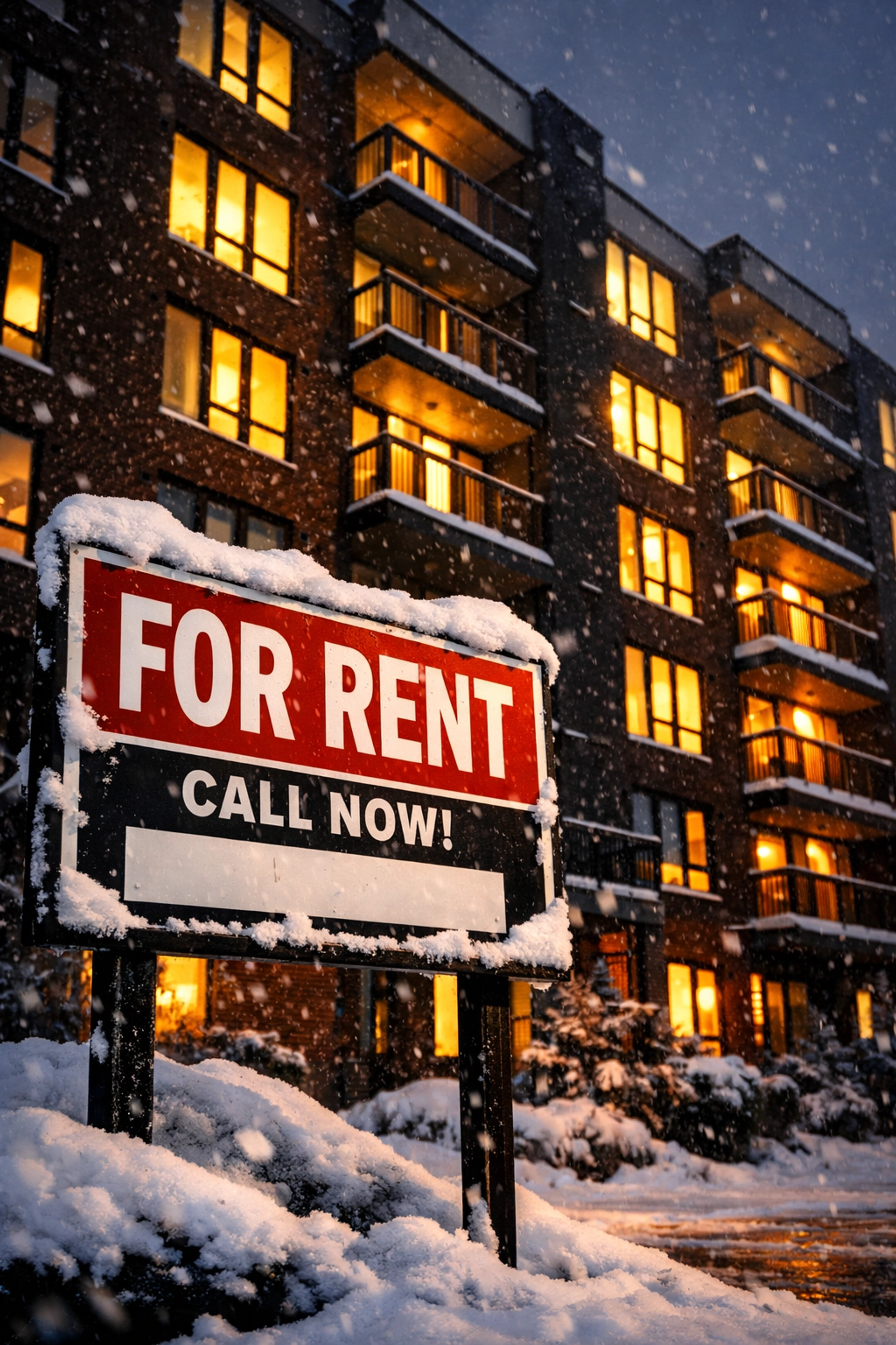 Winnipeg apartment building with for rent sign during winter, highlighting Manitoba's rental housing crisis