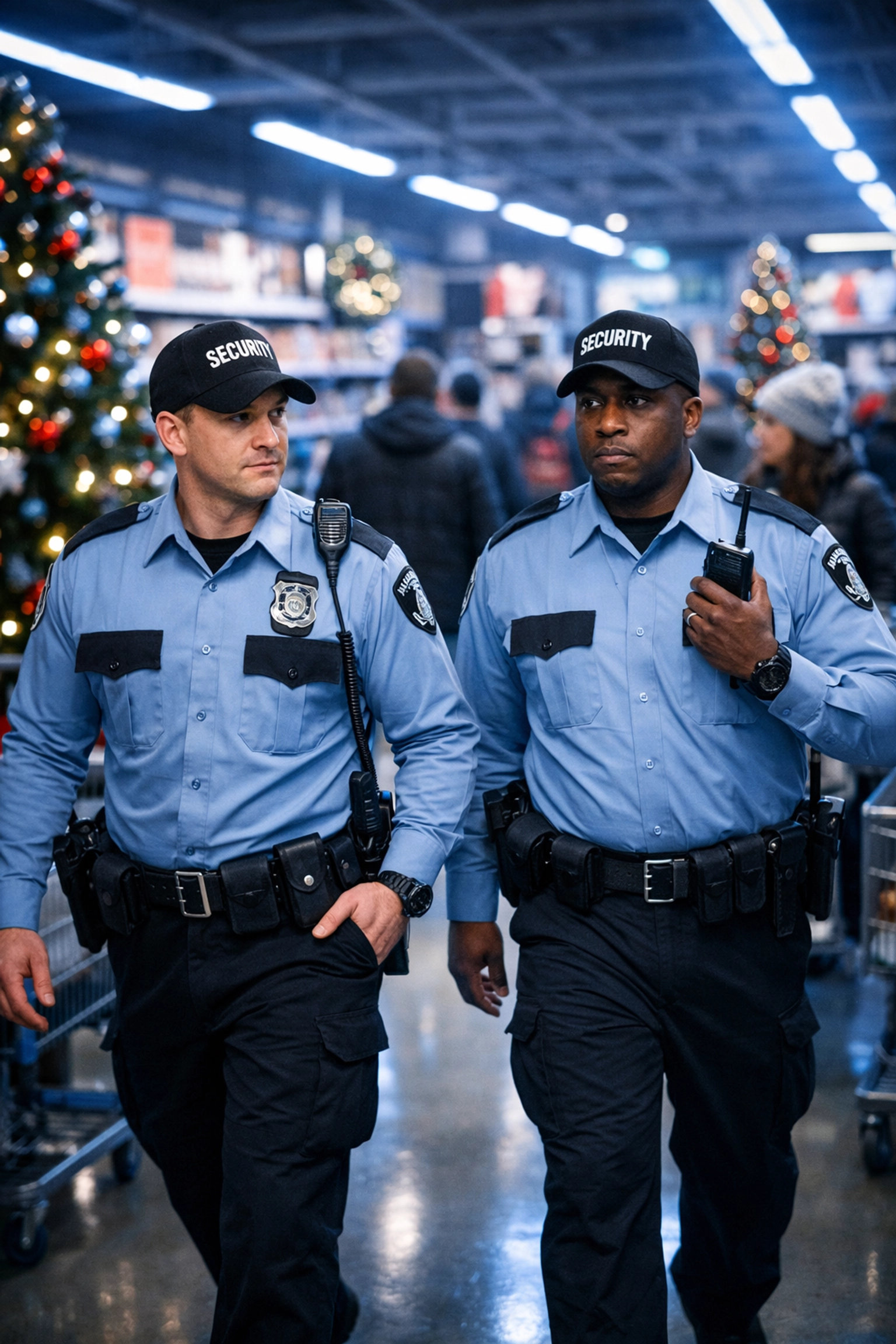 Licensed security guards patrolling busy retail store during holiday shopping season