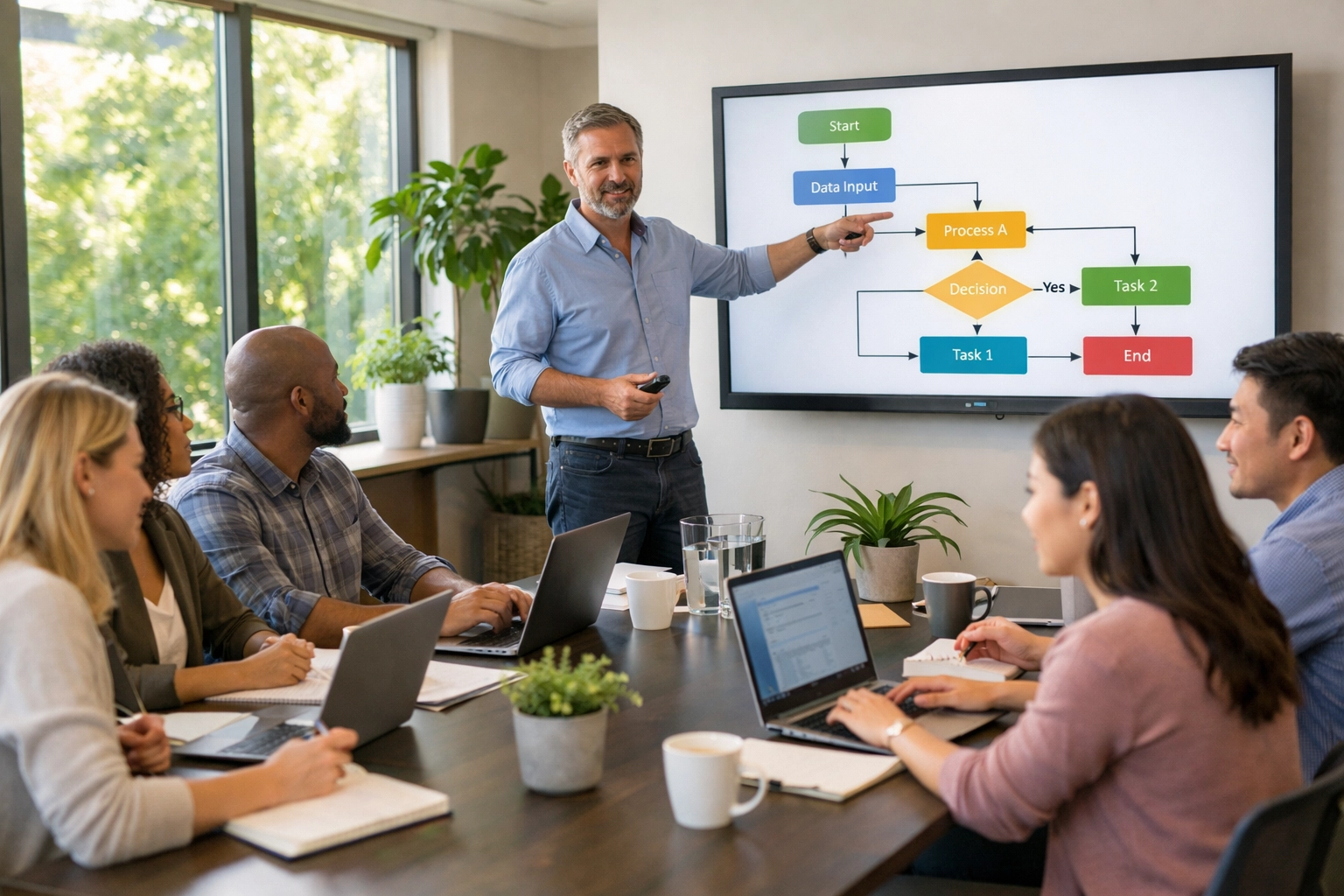 ServiceNow implementation training session with consulting team and workflow documentation