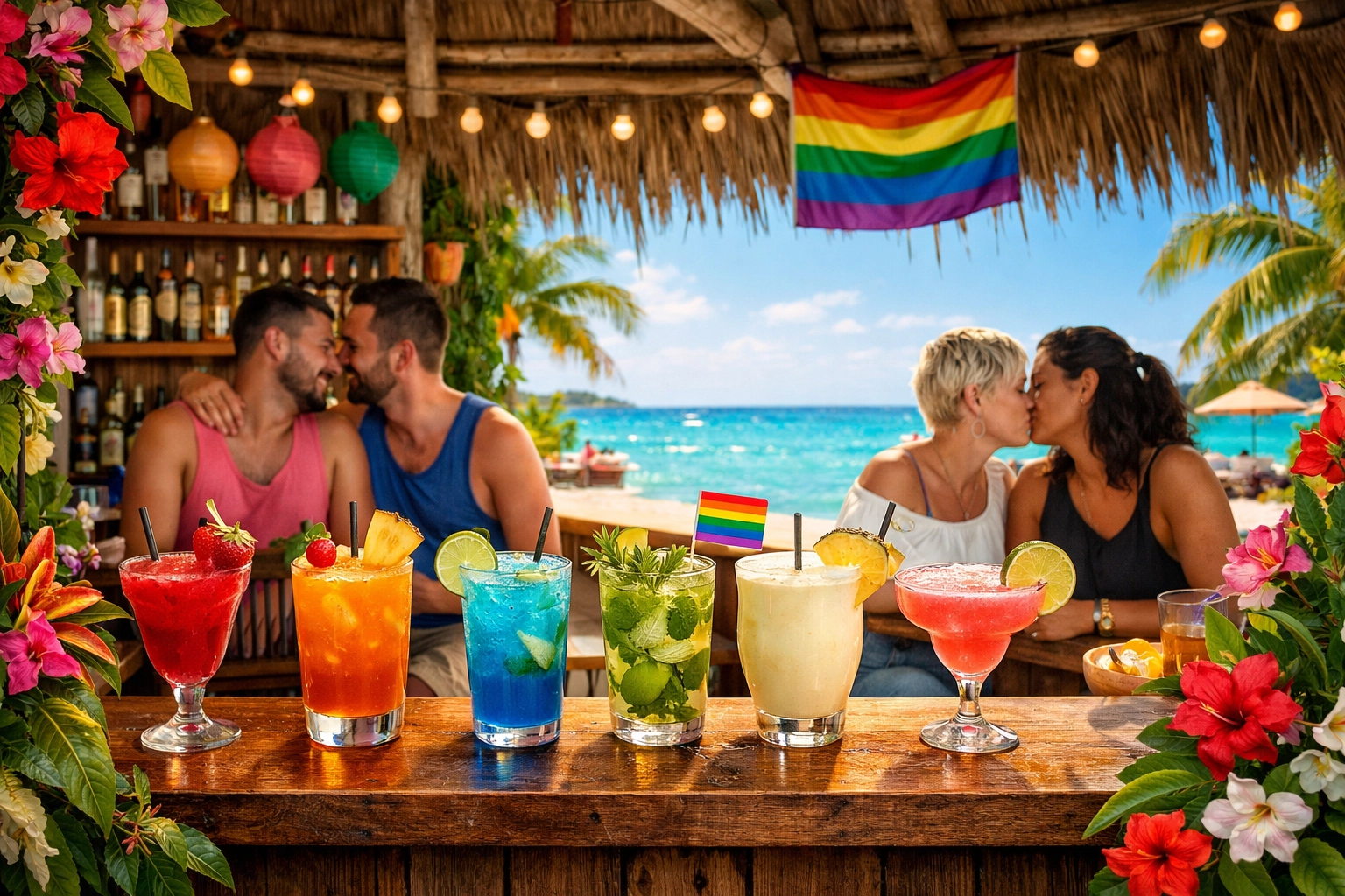 Tropical beachfront bar with colorful cocktails and ocean view at LGBTQ-friendly Orient Bay