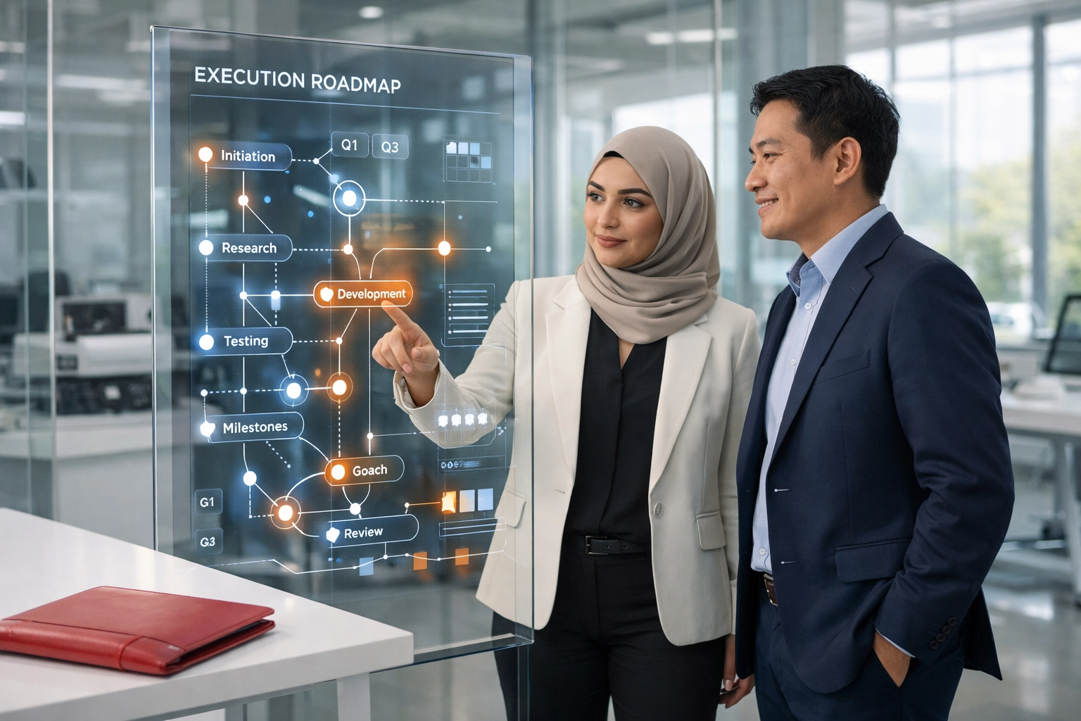 Diverse tech leaders using a digital execution roadmap for enterprise transformation and strategy delivery.