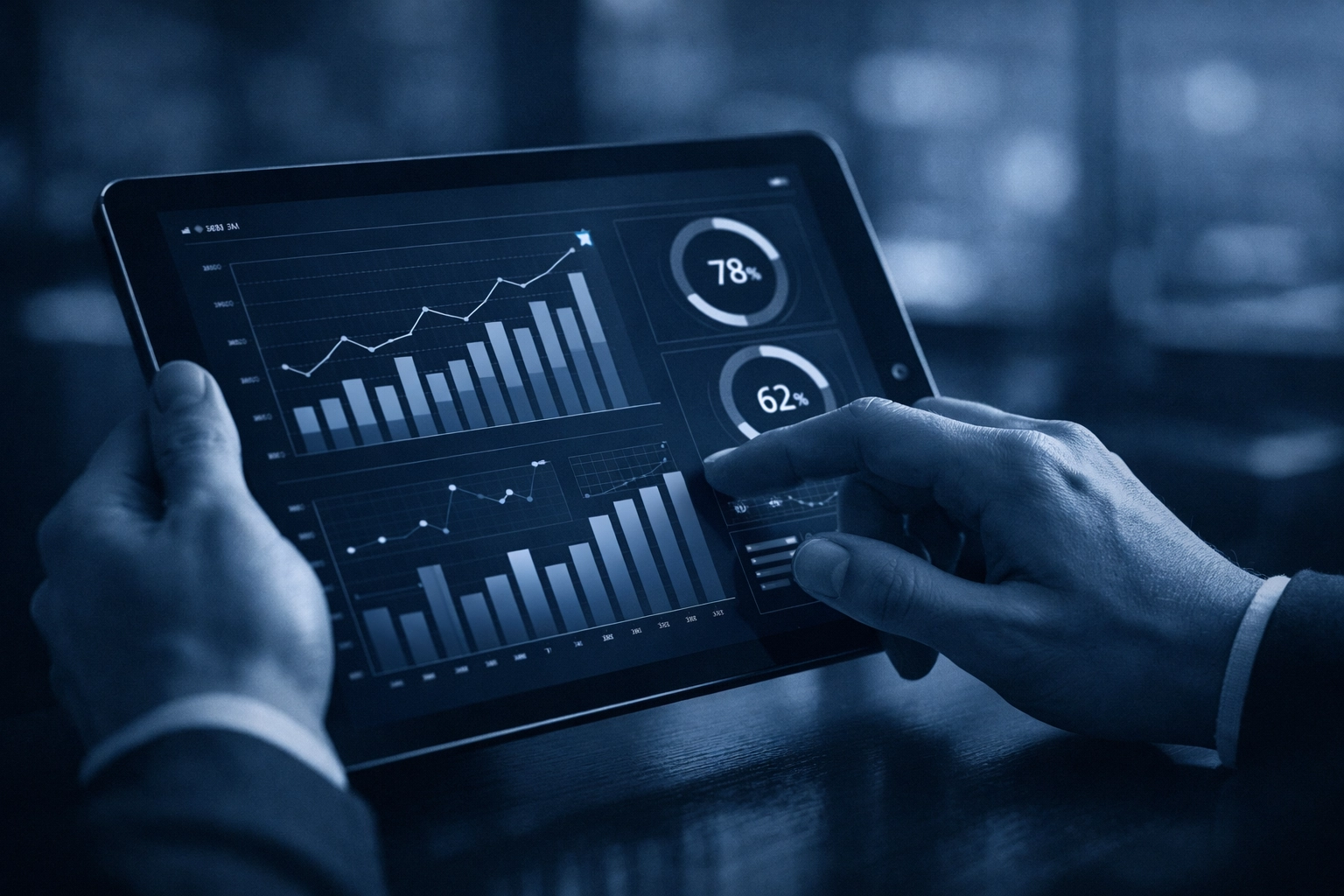 Close-up of a tablet displaying real-time analytics for managing remote team phone system performance.