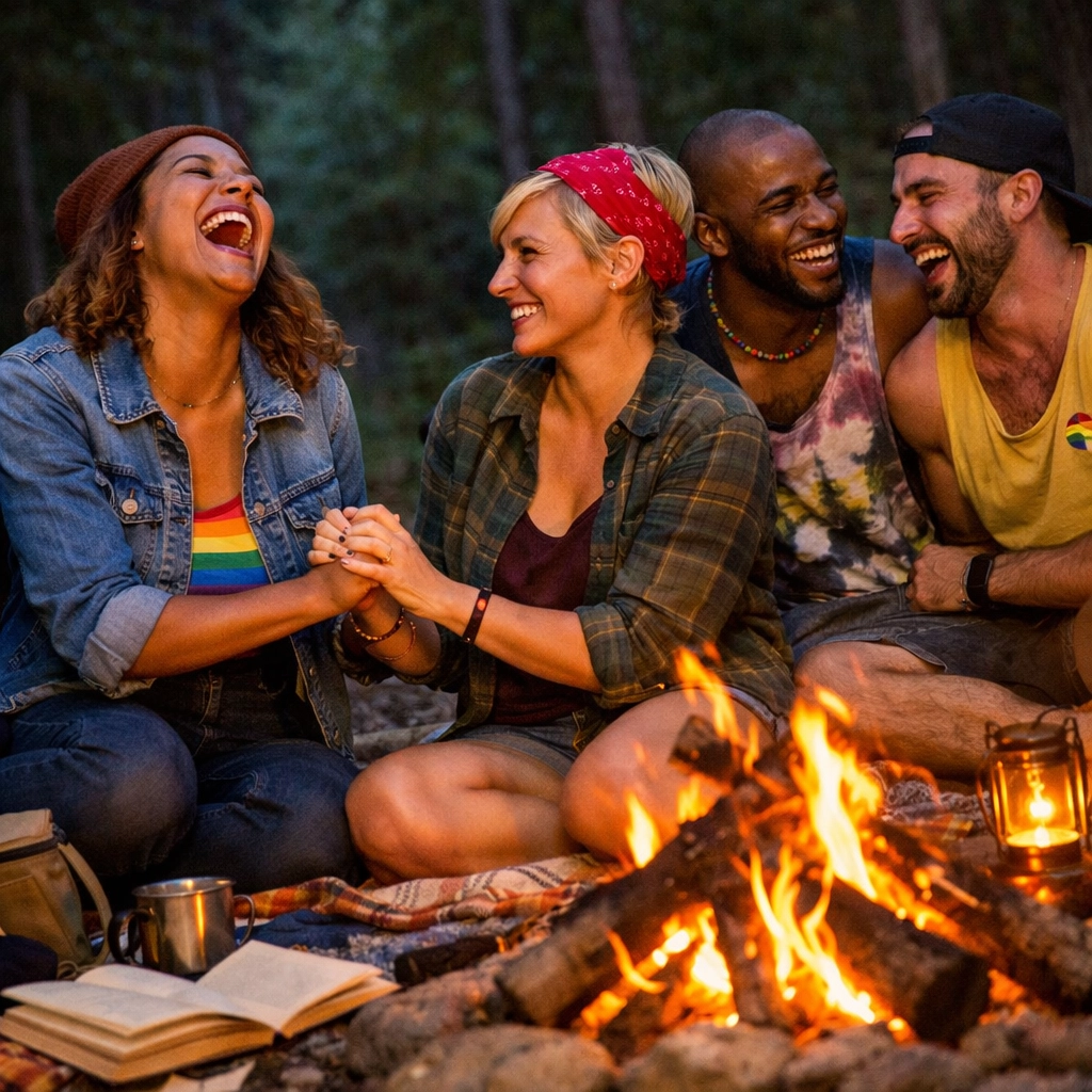 Diverse LGBTQ+ friends laughing by a campfire, celebrating queer joy and reading top LGBTQ+ books.