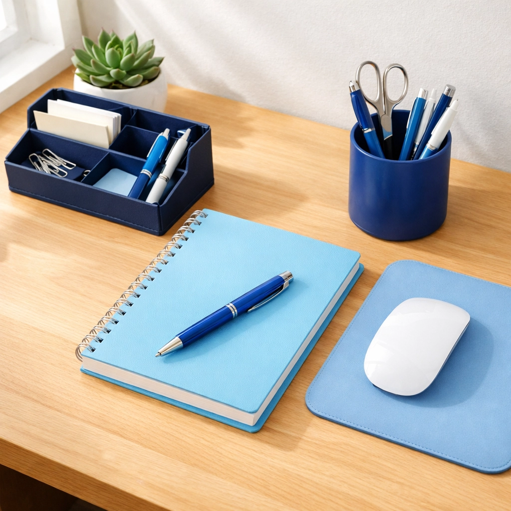 Home office desk with blue accessories for productive and calming workspace