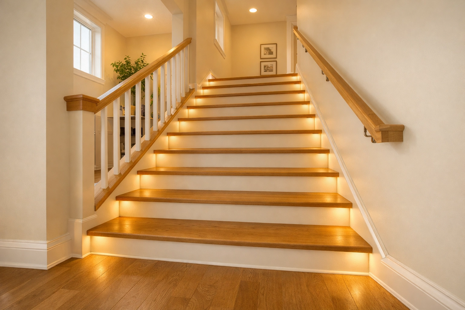 Modern staircase with LED pathway lighting on baseboards to improve visibility and prevent falls.