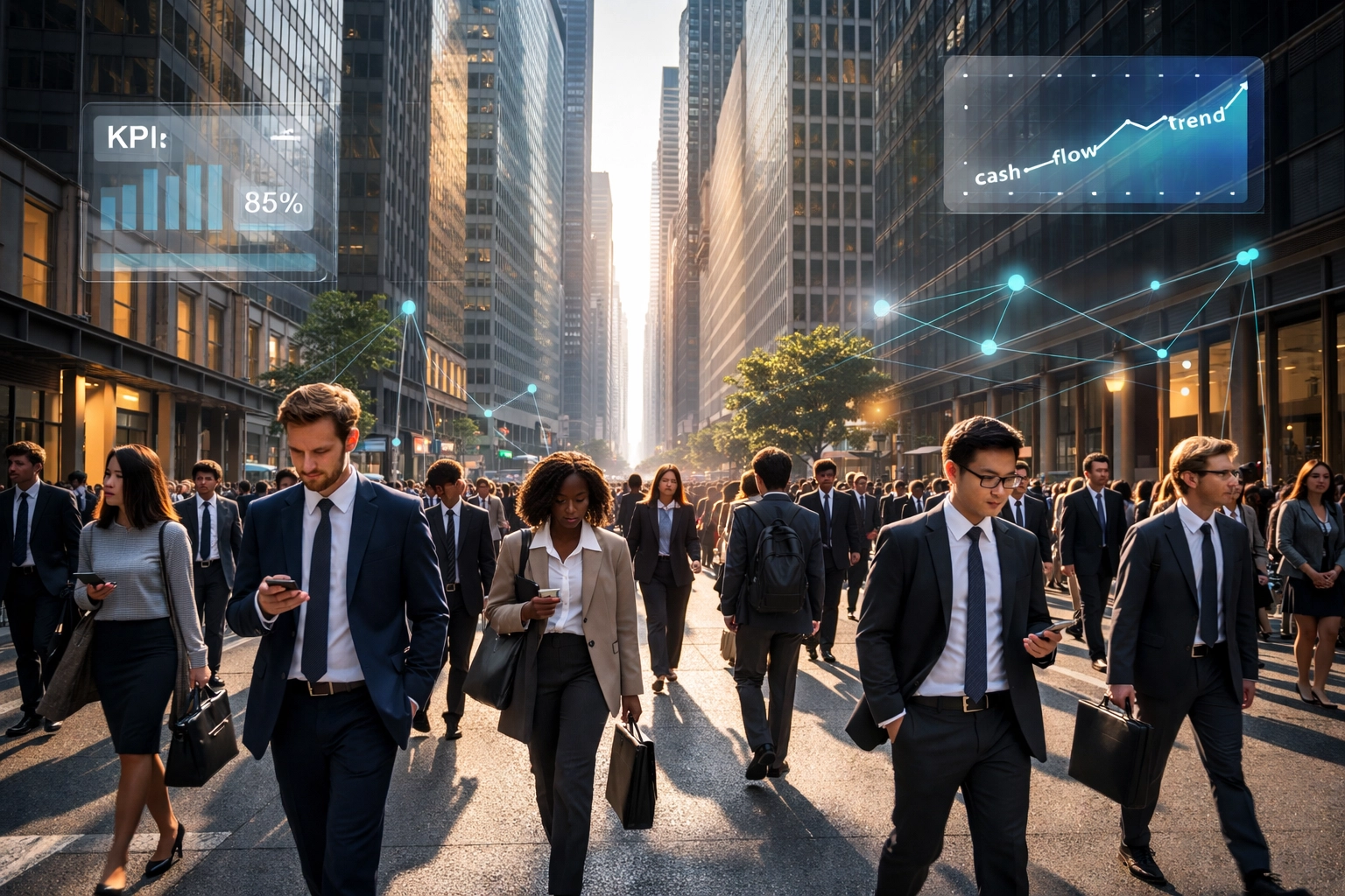 Financial district professionals walking on Wall Street, symbolizing transparency and business trust in major cities