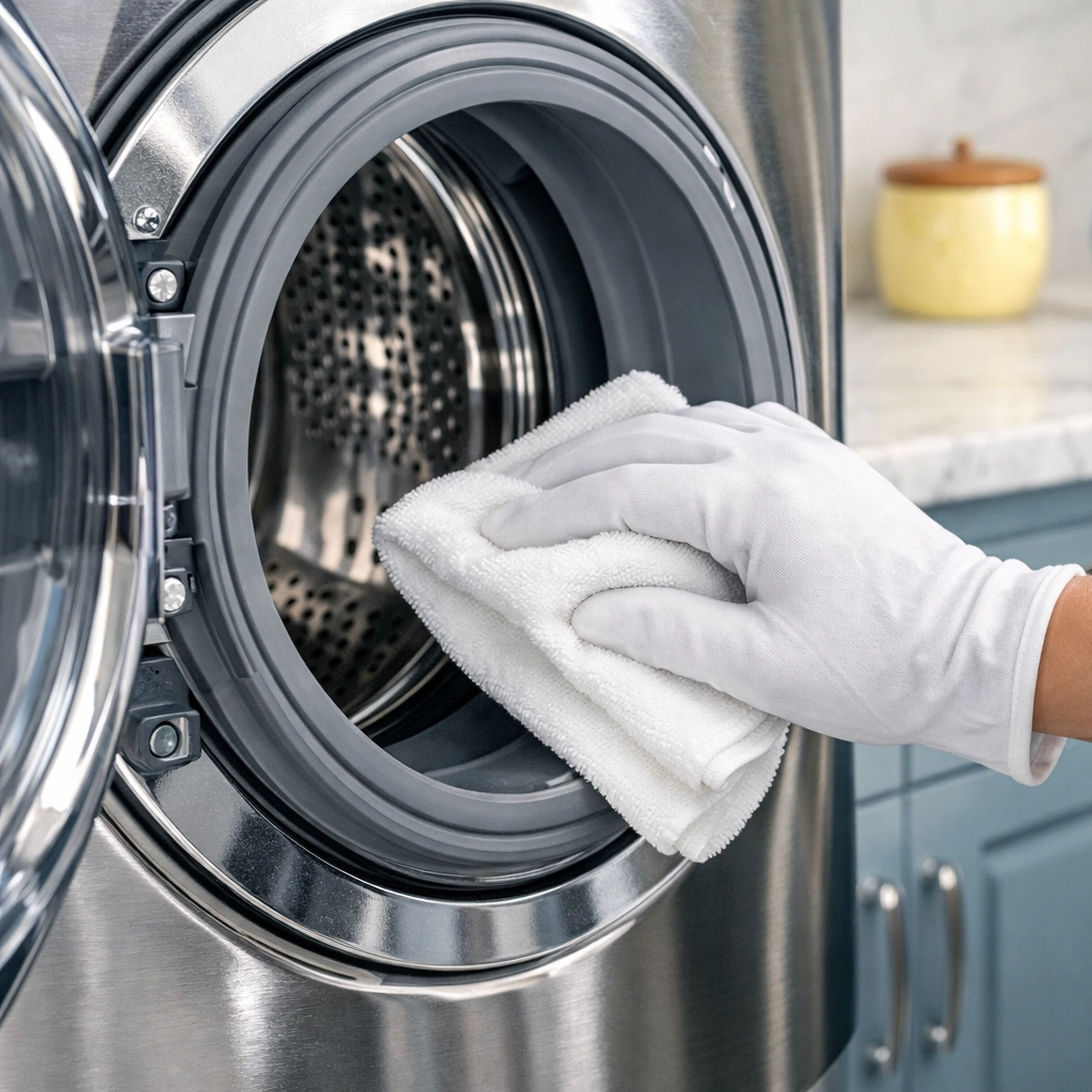 Hand cleaning the rubber gasket of a front-loading washing machine with a white microfiber cloth.