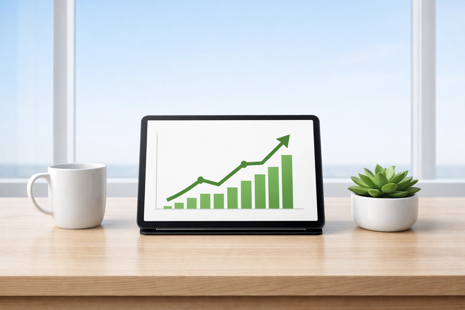 A tablet showing a rising growth graph for a real estate portfolio managed through Emerald Capital Funding.