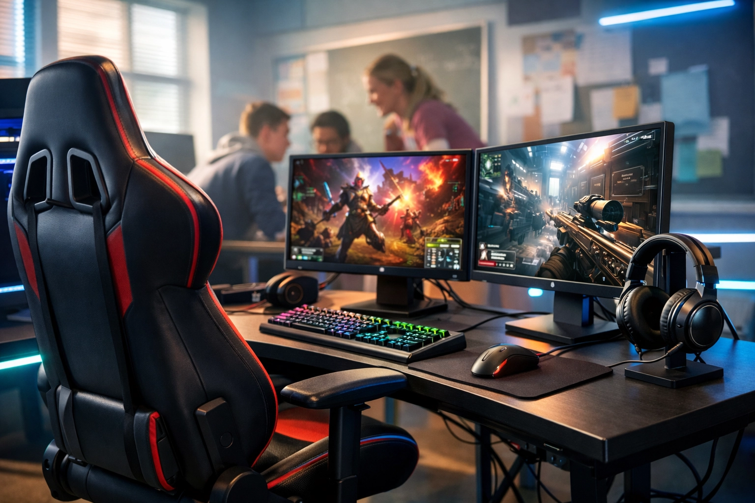 High school esports gaming pod with dual monitors and students collaborating in educational setting