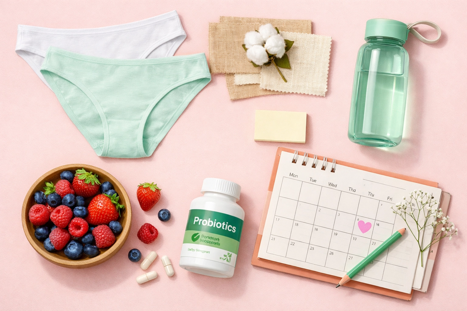 Women's health prevention items including probiotics and cotton underwear for vaginal health