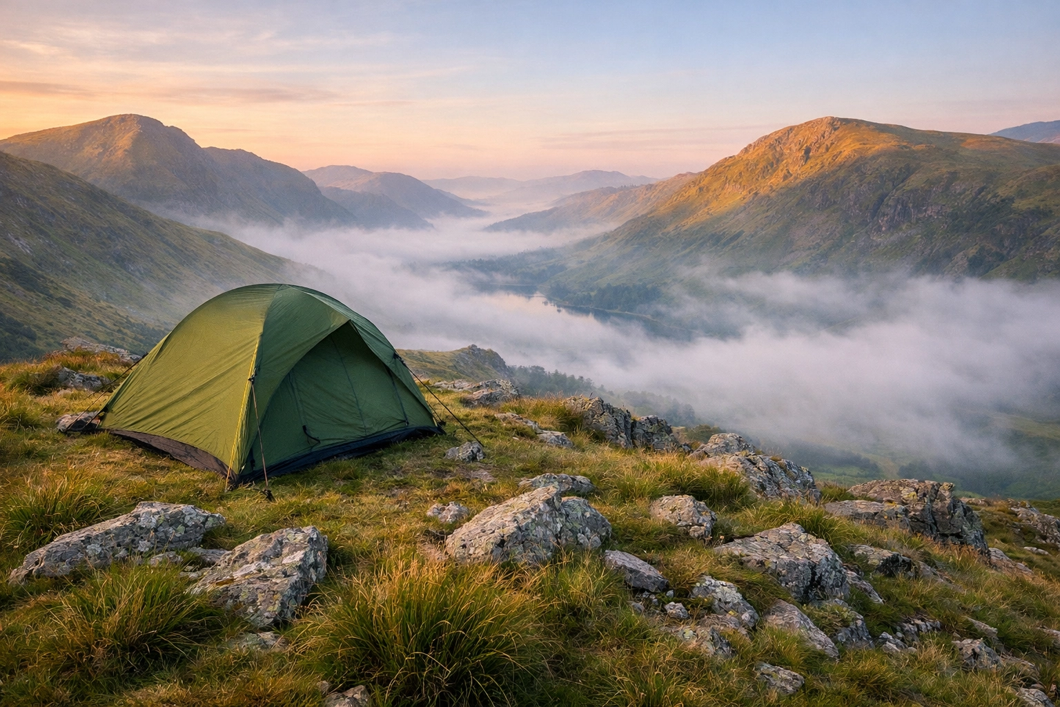 Green tent blended into the Lake District mountains for a wild camping guided UK adventure.