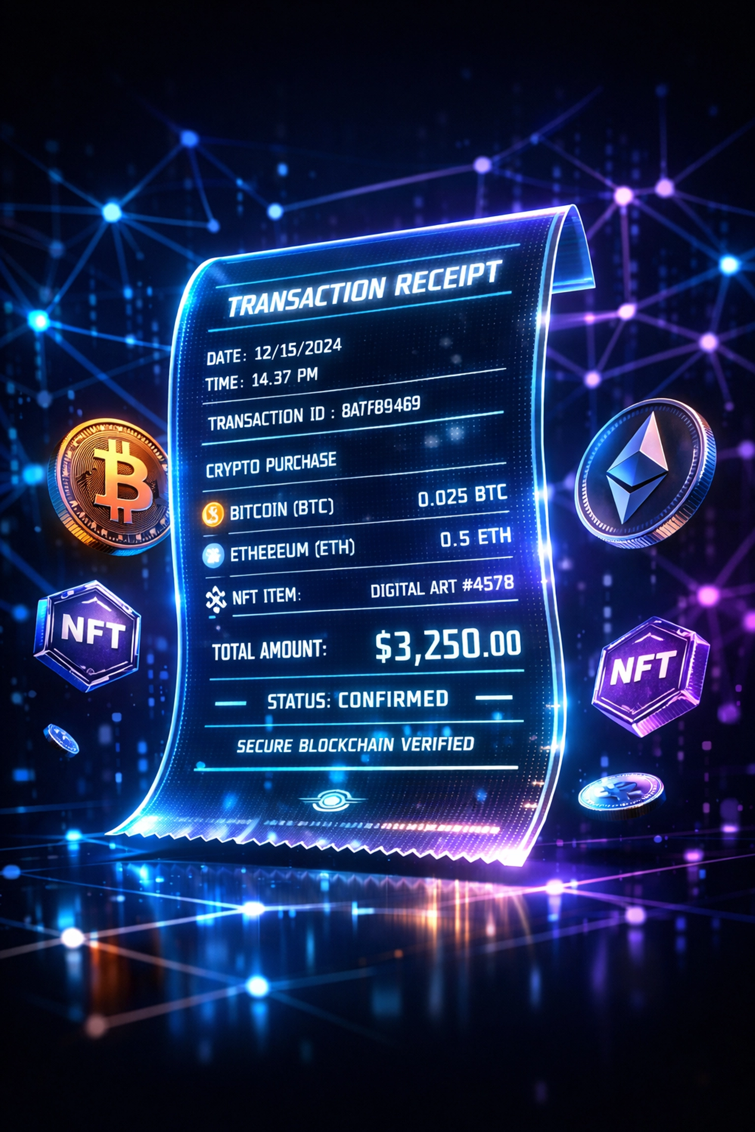 Blockchain NFT receipt with crypto transaction data for tax accounting and deduction tracking