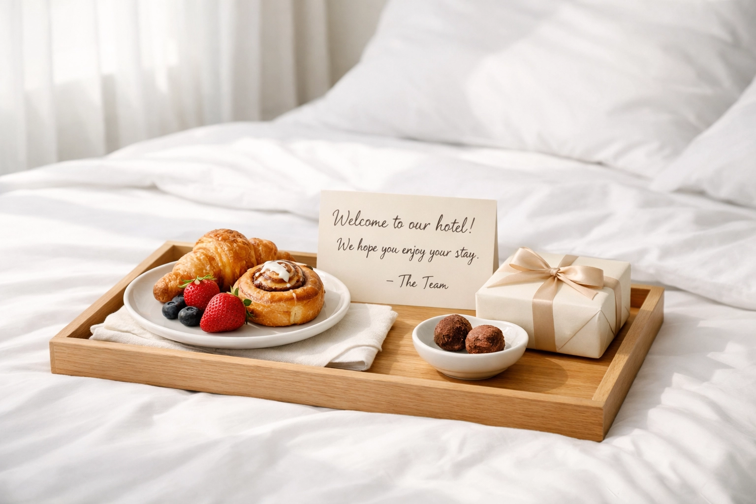 Personalized hotel welcome amenities for direct booking guests on white bedding