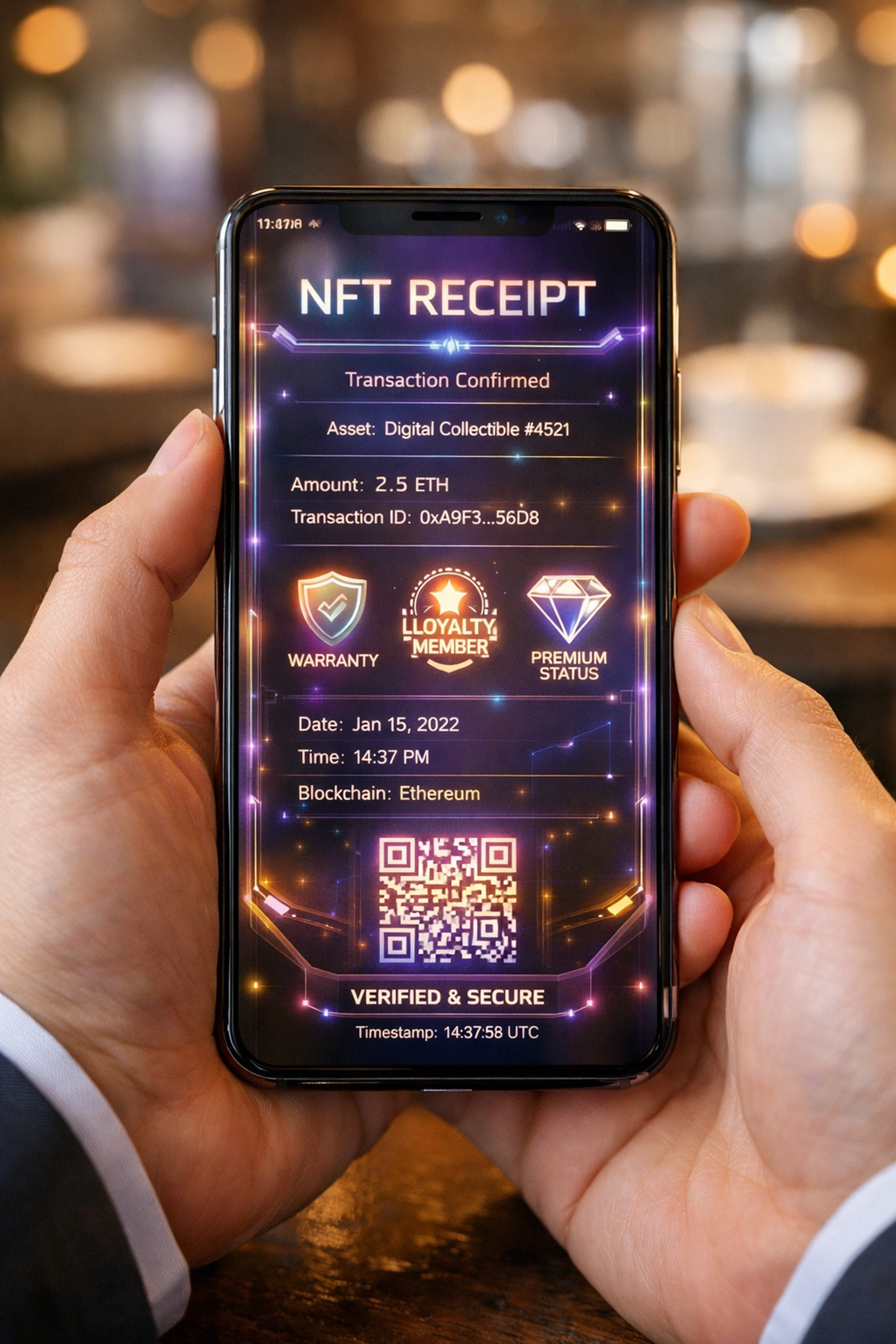 NFT receipt on smartphone displaying Larecoin transaction details and automated accounting data