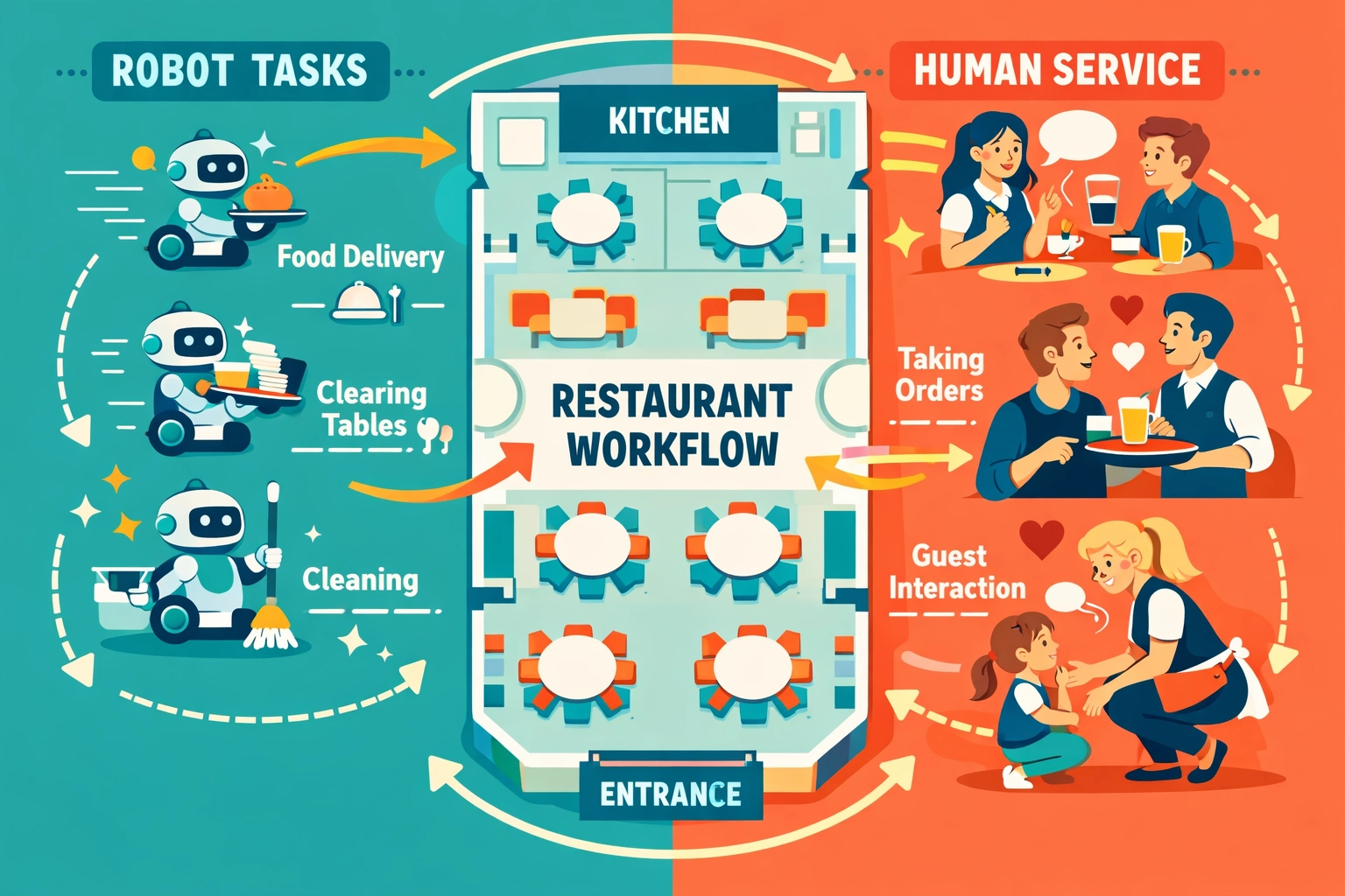 Restaurant automation workflow infographic showing robots handling tasks while humans focus on guest service