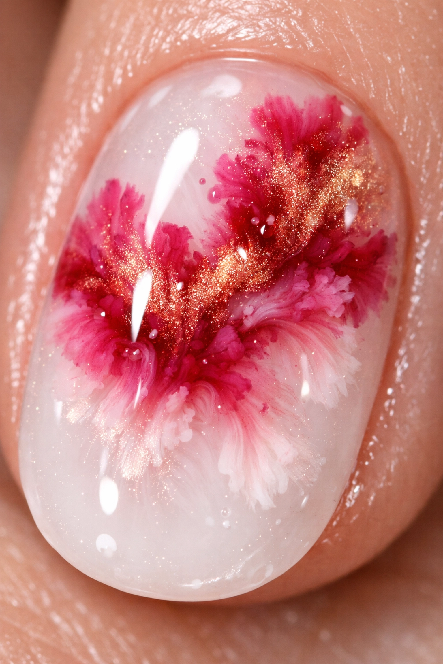 Macro view of Japanese blooming gel watercolor effect with diffused raspberry and rose gold pigments.