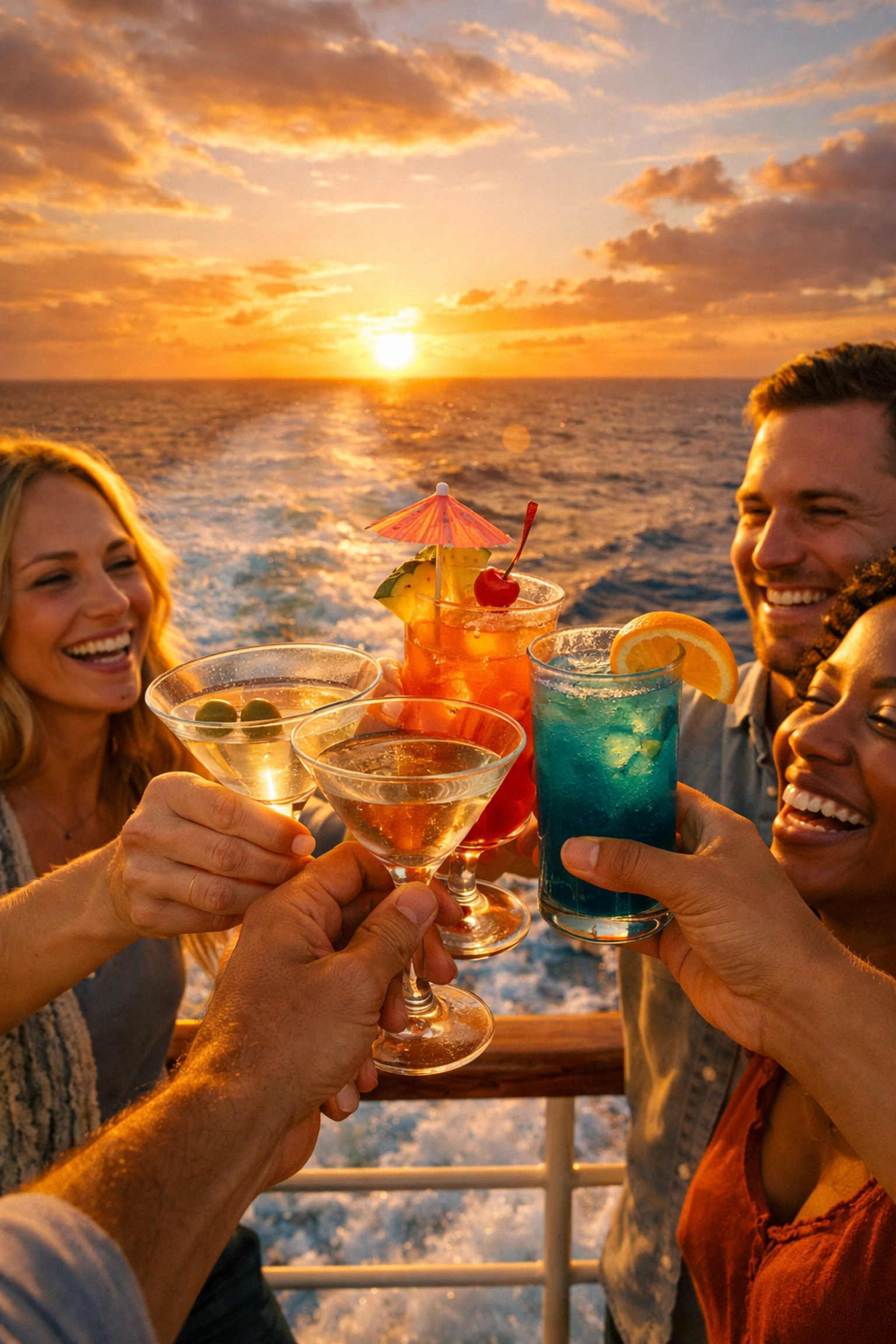 Friends toasting at sunset to celebrate a milestone with group cruise deals.