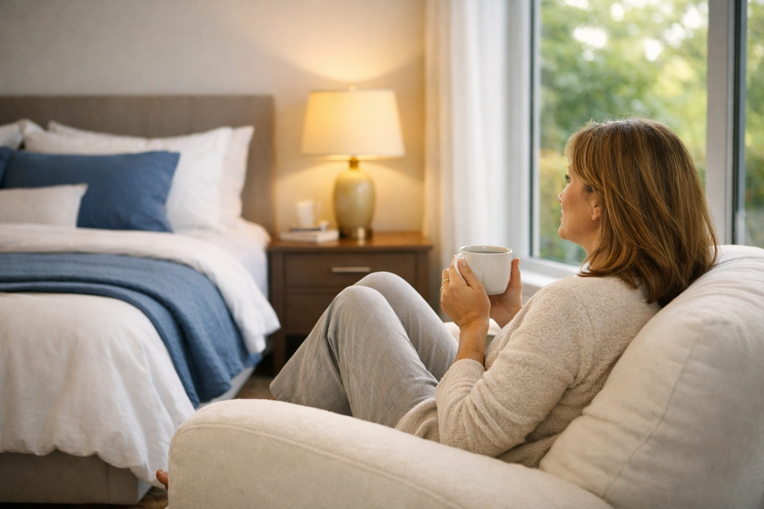 Homeowner relaxing in a spotless bedroom following a luxury residential cleaning Massachusetts service.