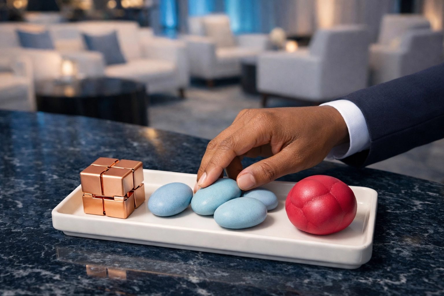 Sophisticated tactile sensory station with fidget tools for event wellness and inclusive design.