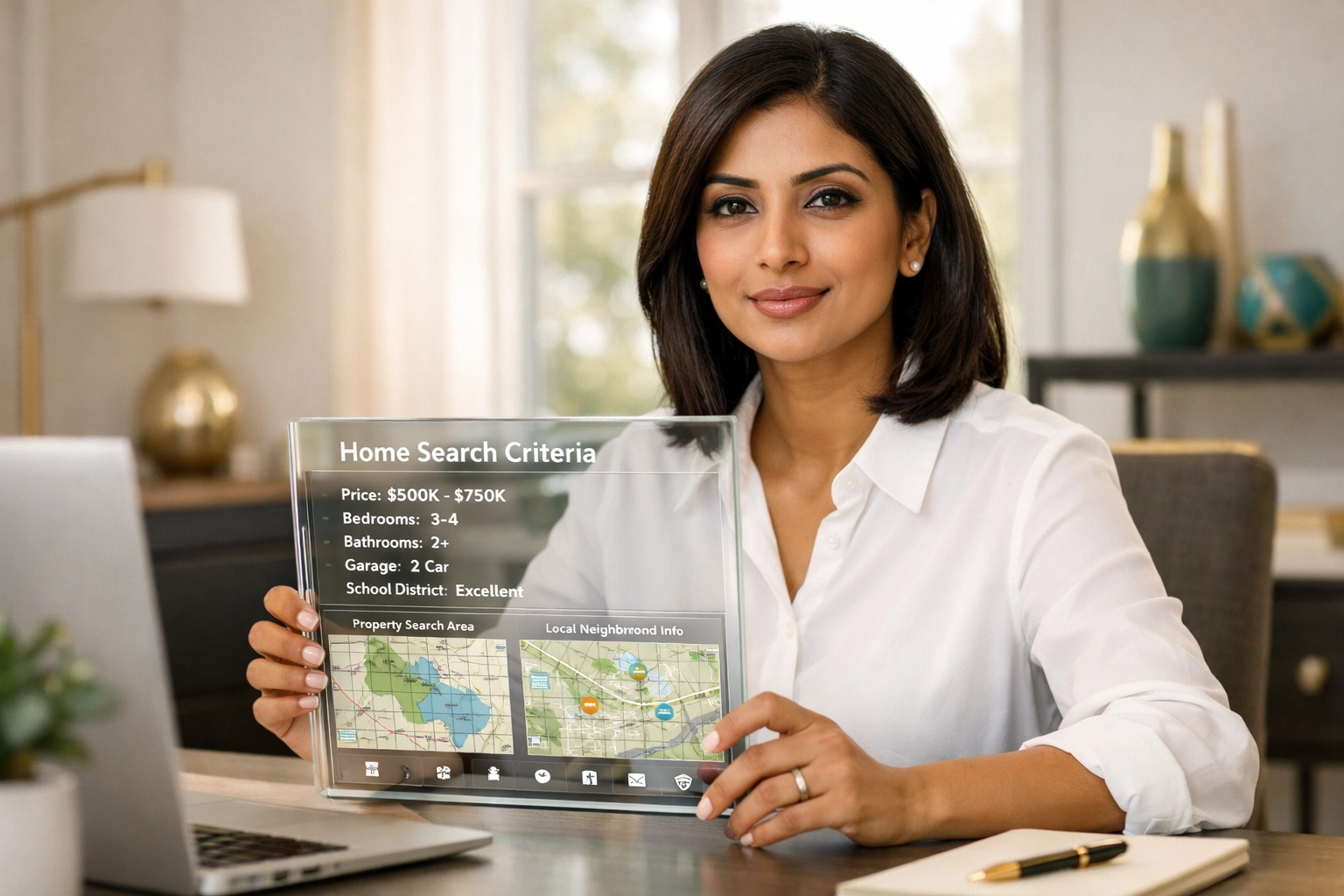 Professional woman planning home search with organized criteria on tablet in modern office