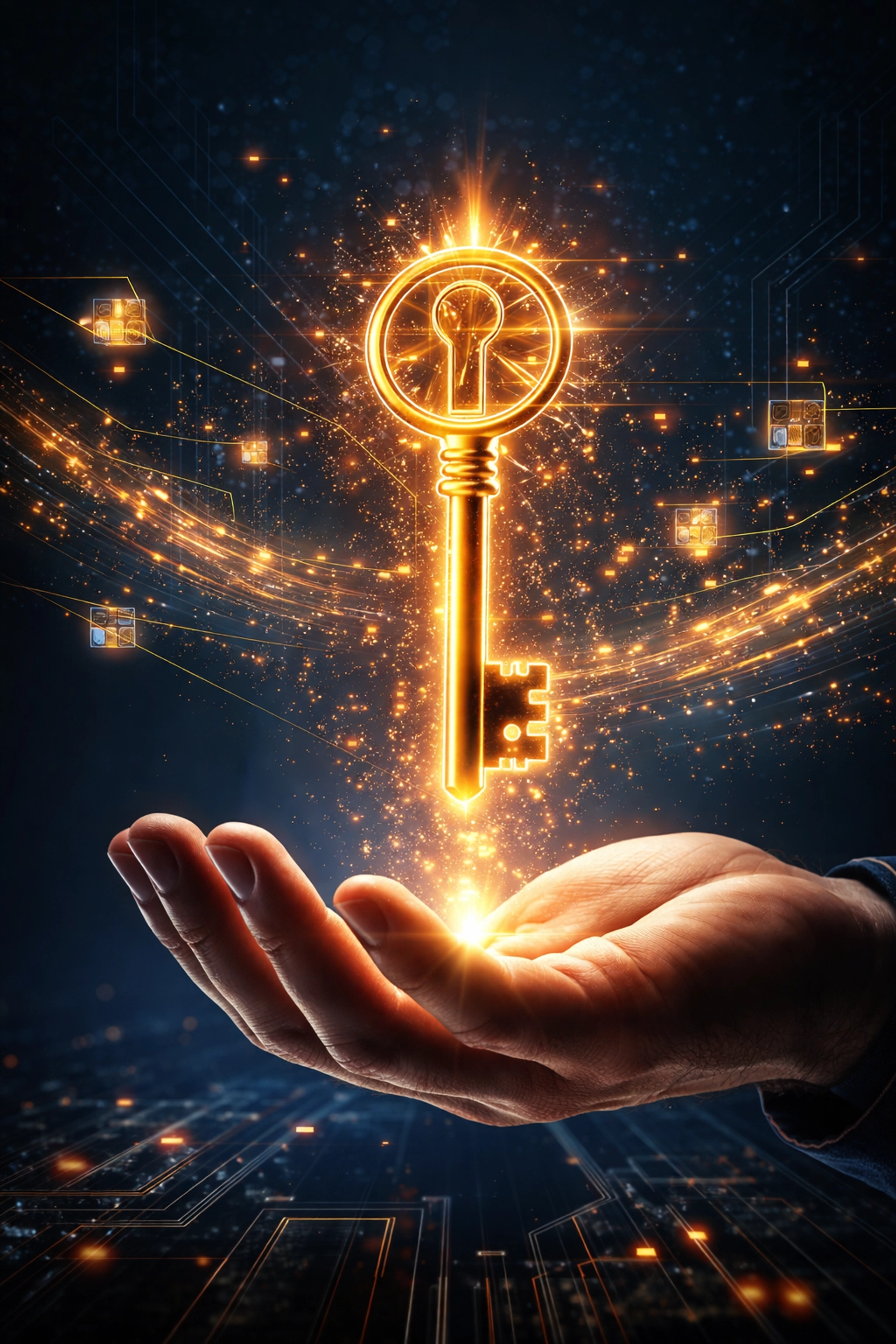 A golden key above a hand with digital blockchain nodes, symbolizing control and self-custody in decentralized crypto payments.
