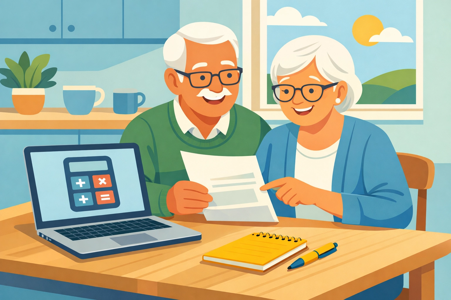 Senior couple reviewing 2026 tax deductions and retirement savings at kitchen table