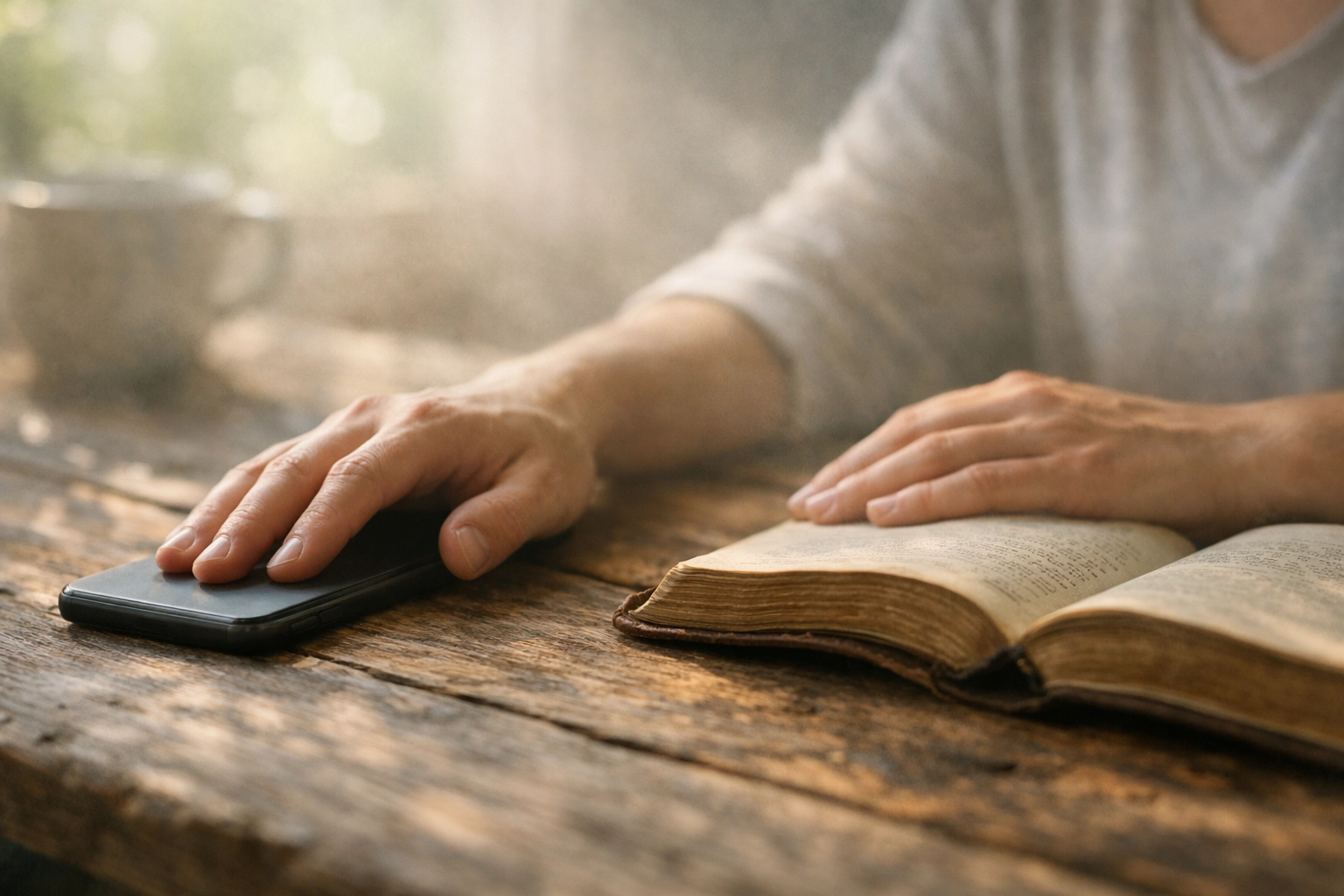 A smartphone turned face down next to an open Bible for morning prayer and reflection.