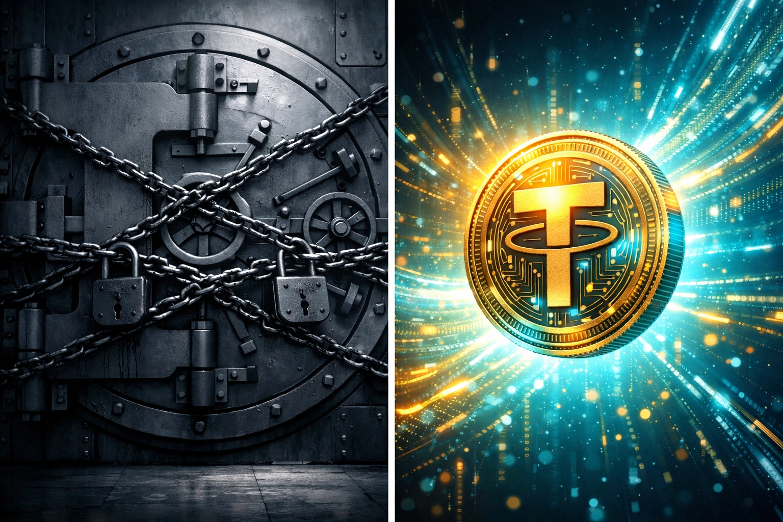 Traditional bank vault locked vs receivables tokens offering financial freedom and self-custody