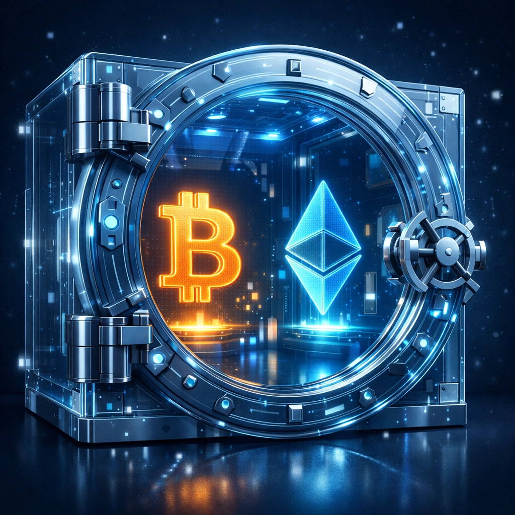 Futuristic digital vault securing Bitcoin and Ethereum coins with advanced blockchain encryption.