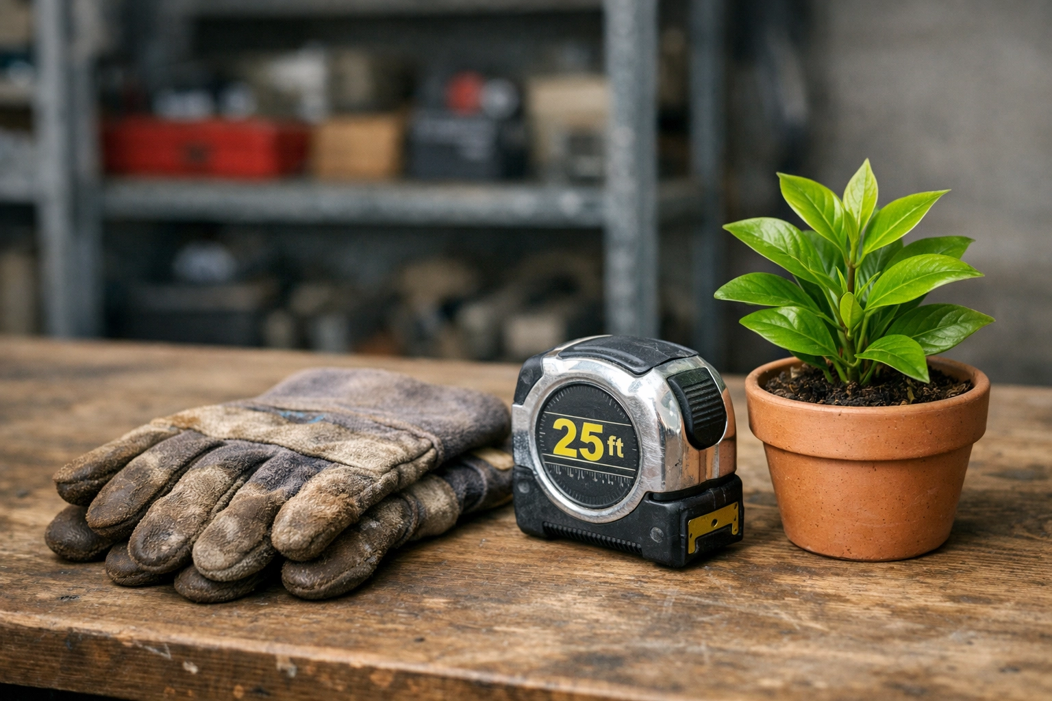 Work gloves and tools next to a growing plant symbolizing disciplined financial growth for tradespeople.