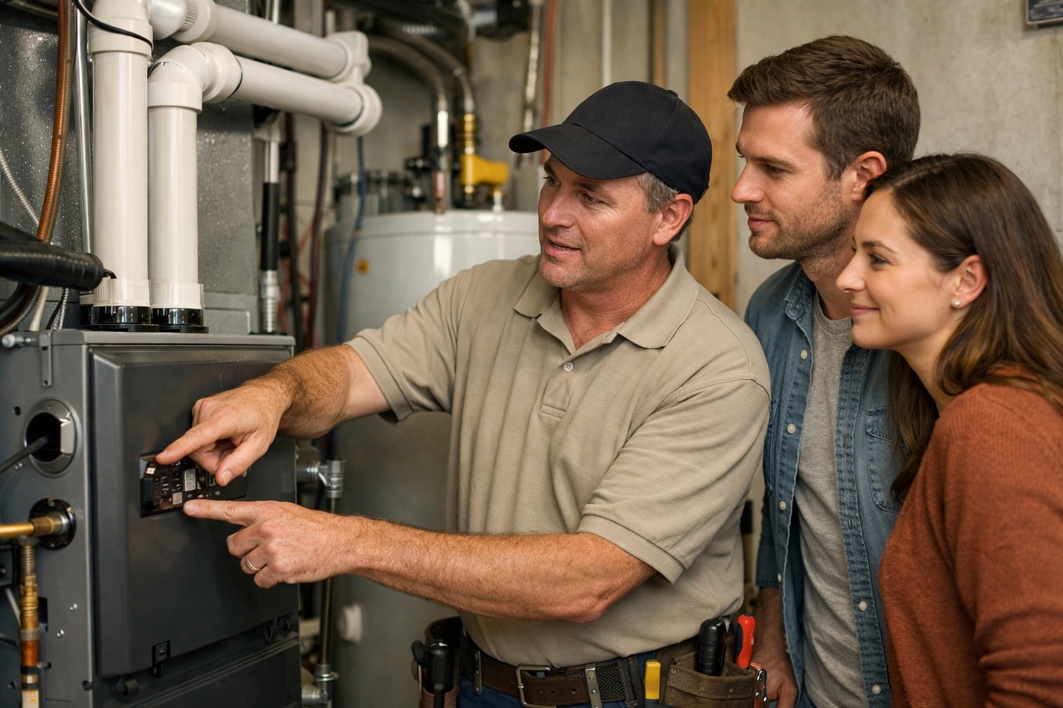 An Edmonton home inspector explains furnace maintenance to first-time buyers during a walkthrough.