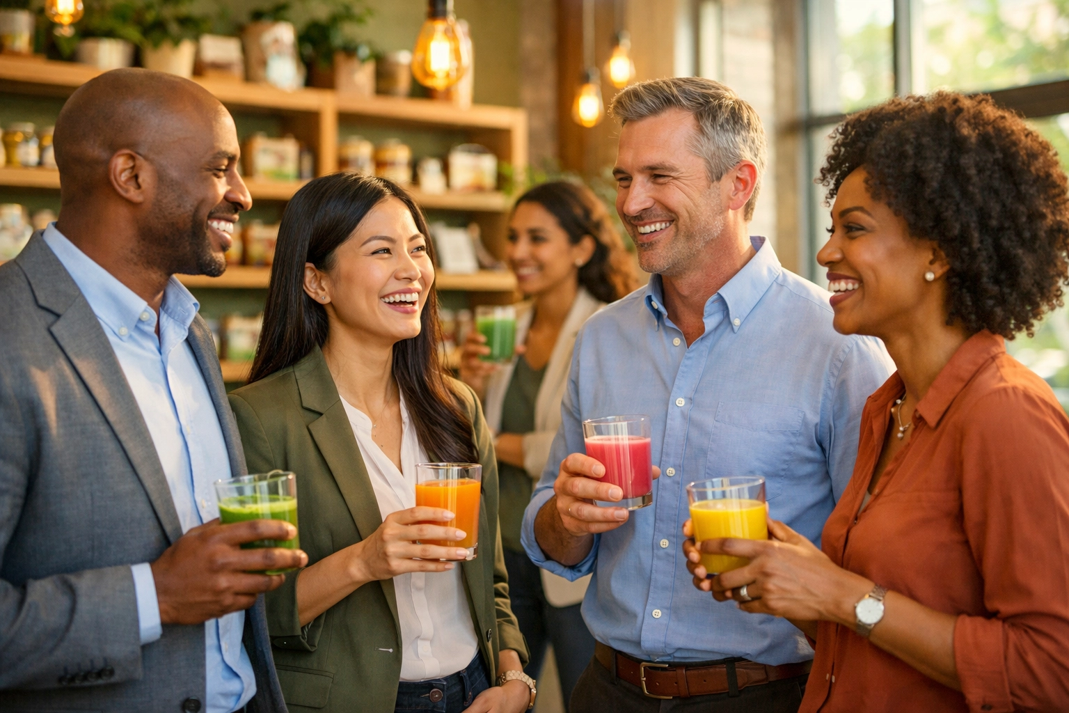 Professionals networking at Health Defence Organics wellness event with colorful drinks