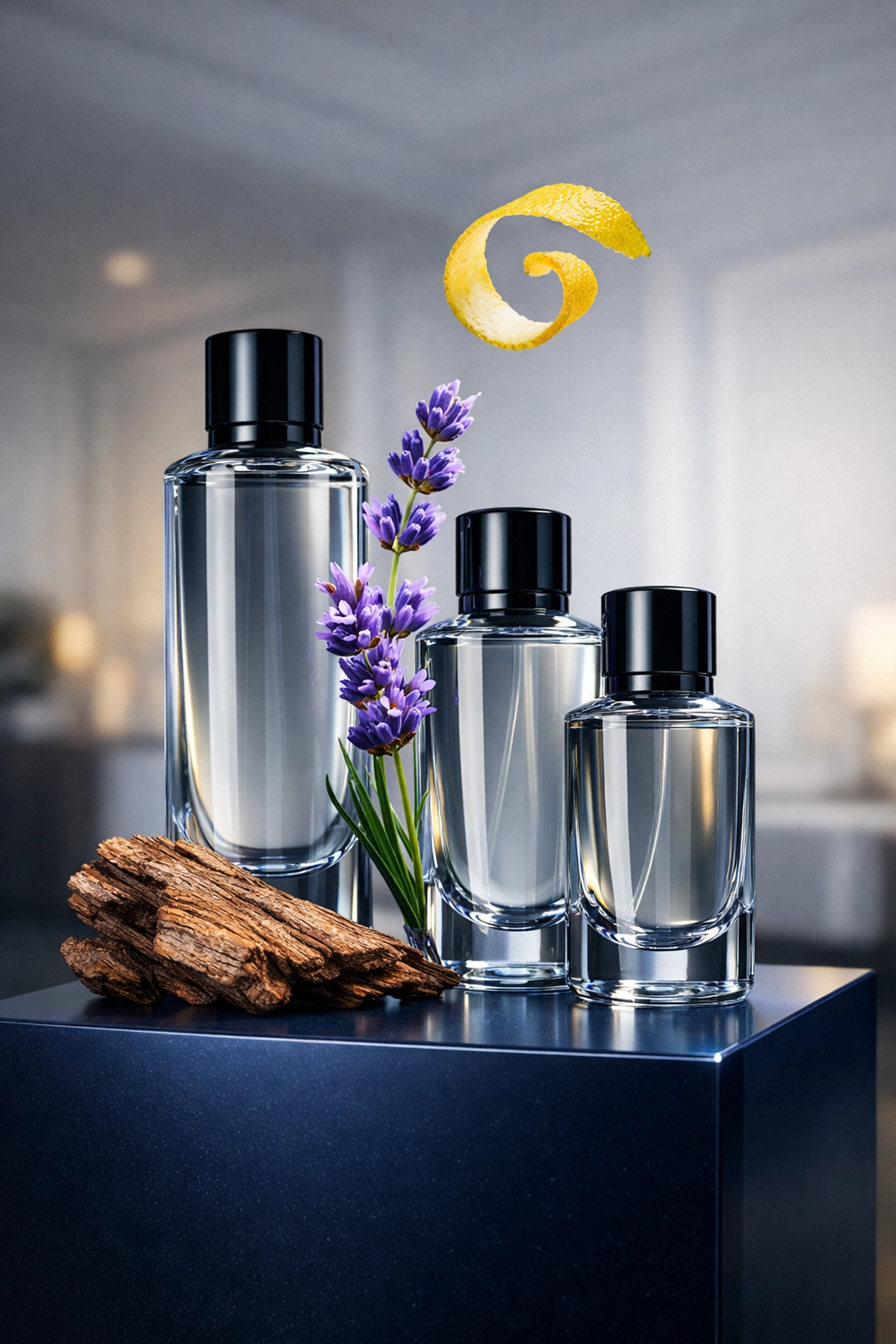 Glass bottles showing essential oil scent notes like cedarwood for custom home fragrance blends.