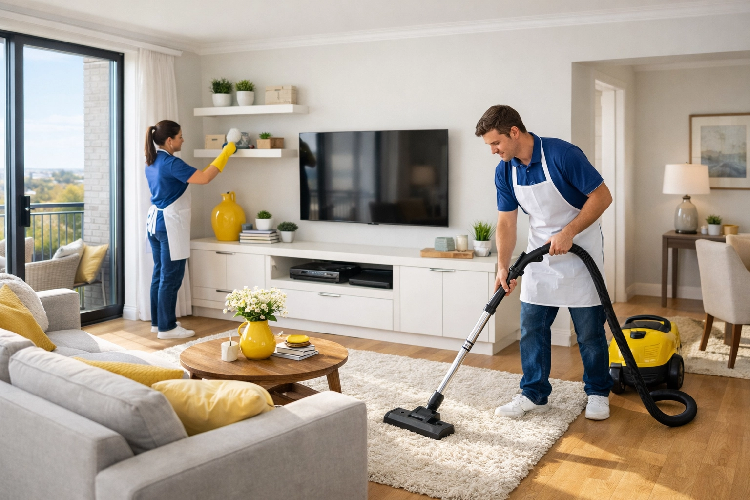 Professional cleaners vacuuming and dusting during a standard session of cleaning a 2-bedroom apartment in Leominster.