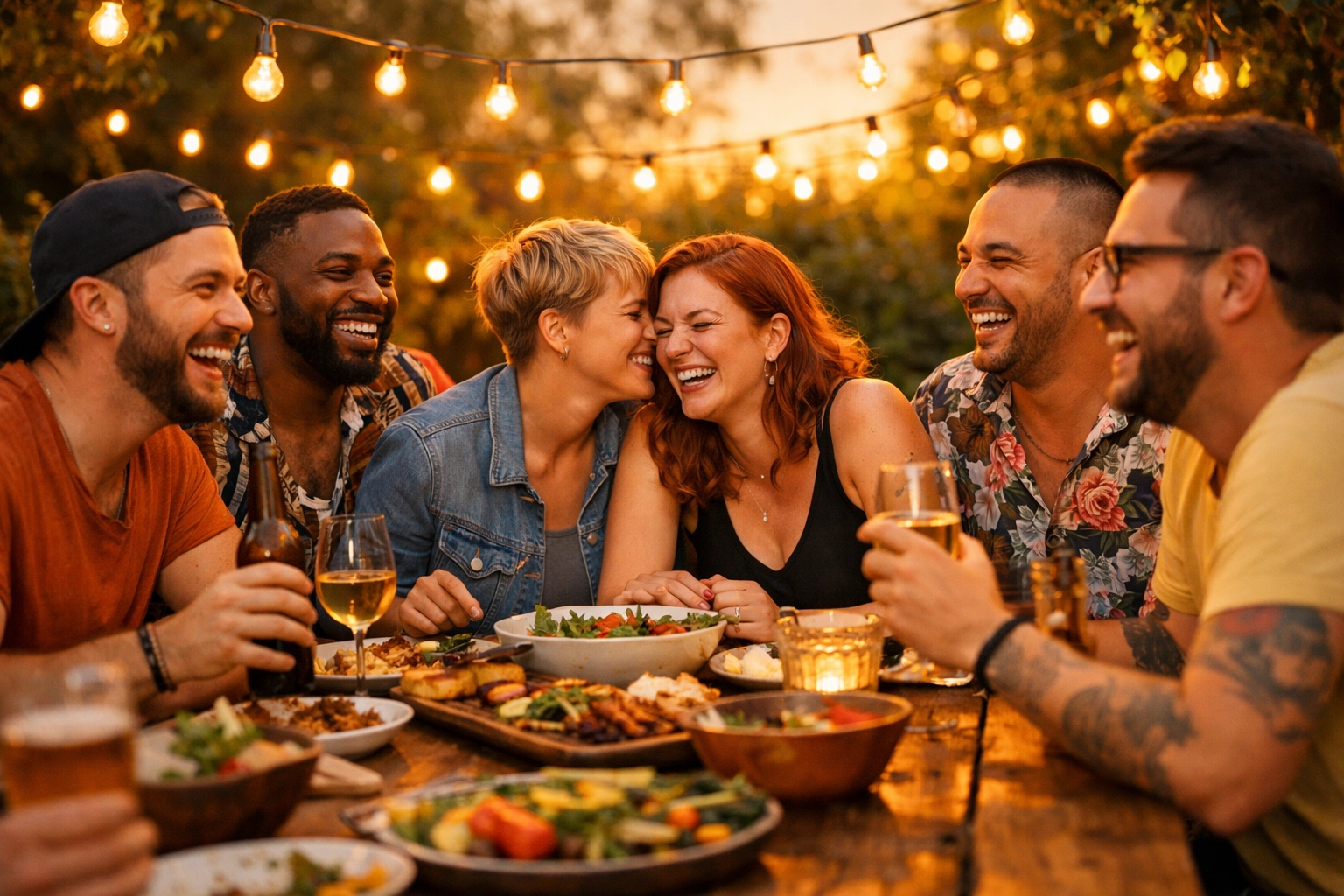 Members of a gay book club and chosen family laughing together, highlighting LGBTQ+ community support.