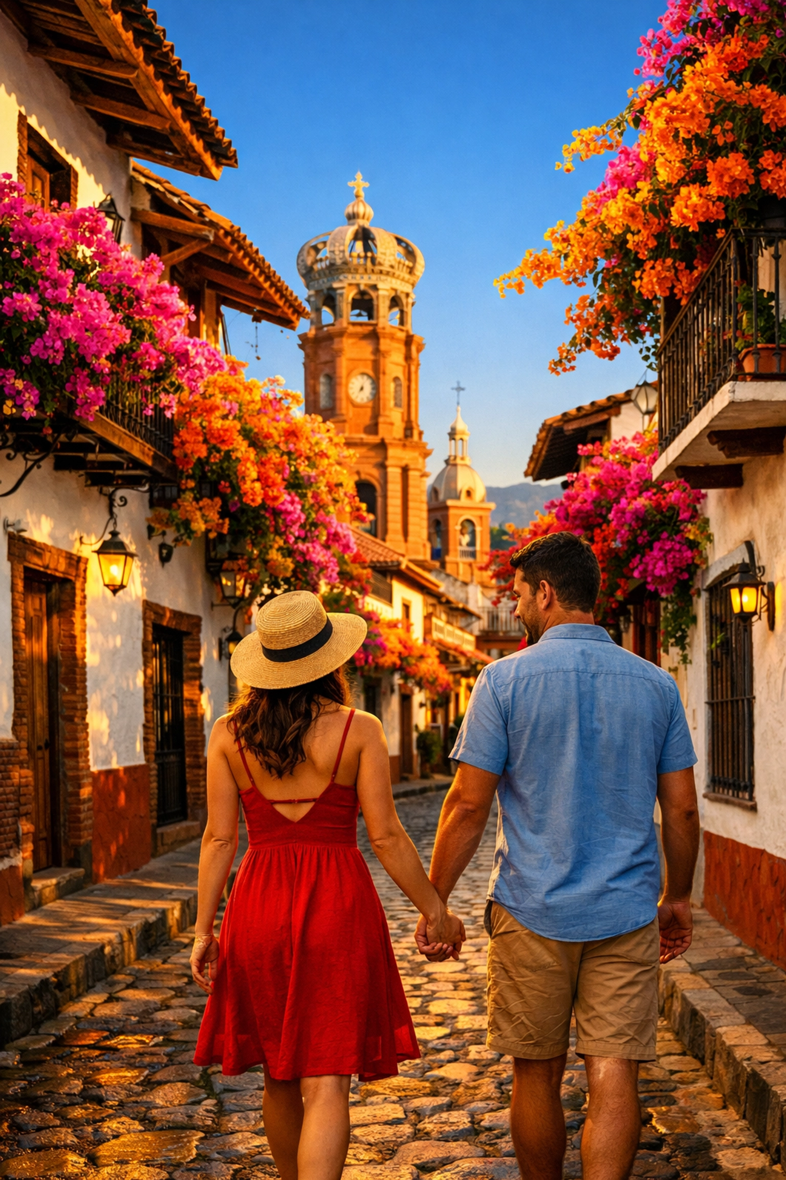 Couple walking on cobblestone streets in Old Town near romantic Puerto Vallarta vacation condos.