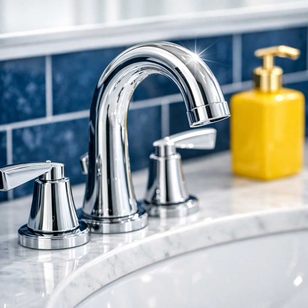 Polished chrome bathroom faucet and marble vanity sanitized by professional cleaning services in Harvard, MA.