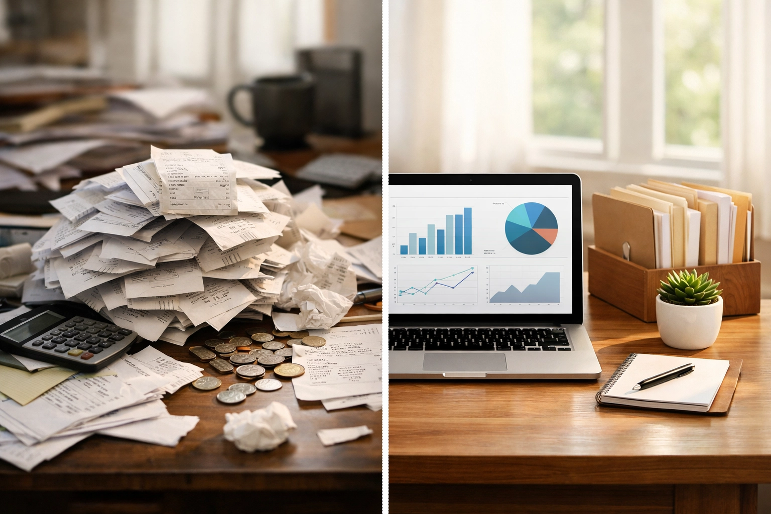 Before and after comparison of disorganized versus clean organized bookkeeping records