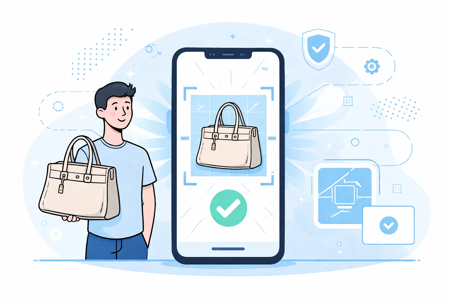 Digital authentication app instantly scans a designer bag, illustrating fast and secure online authentication for resale stores.