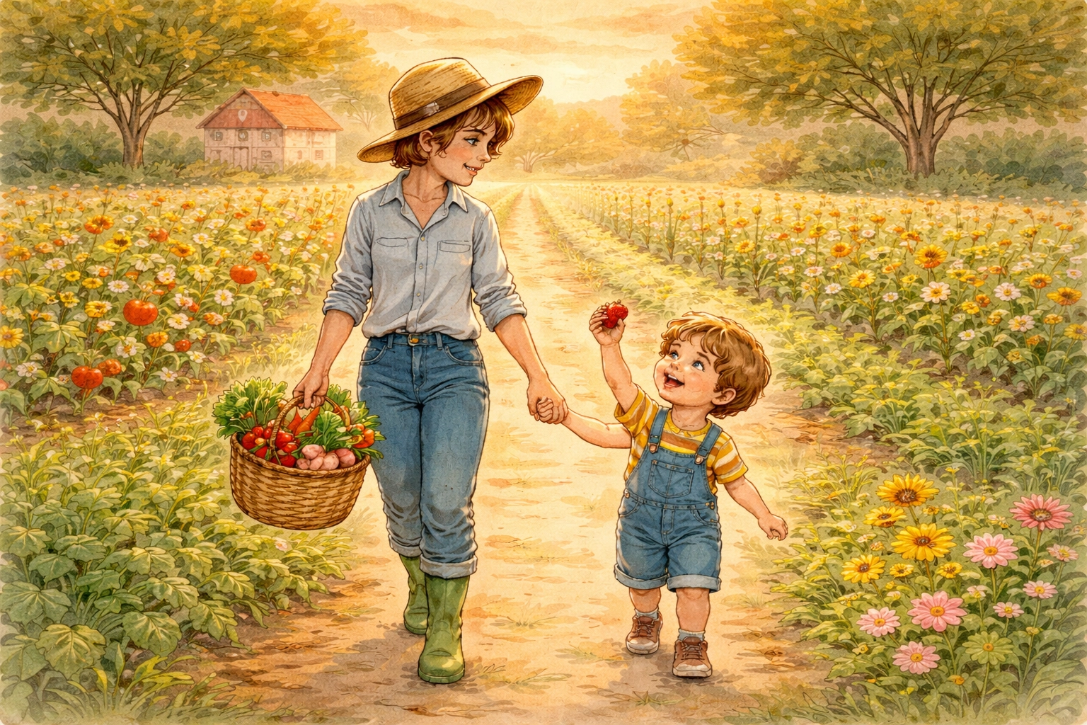 A parent and child walking hand-in-hand through a lush family vegetable garden at sunset